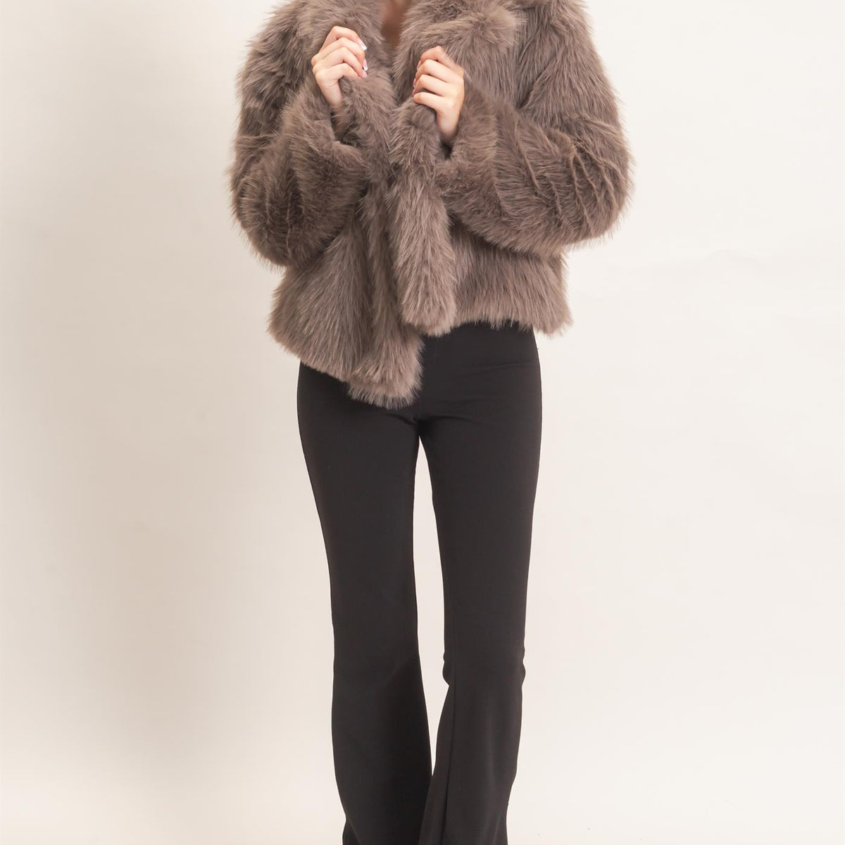 Wholesale Shawl Collar Faux Fur Jacket Outerwear HF26F207-D BROWN HYFVE