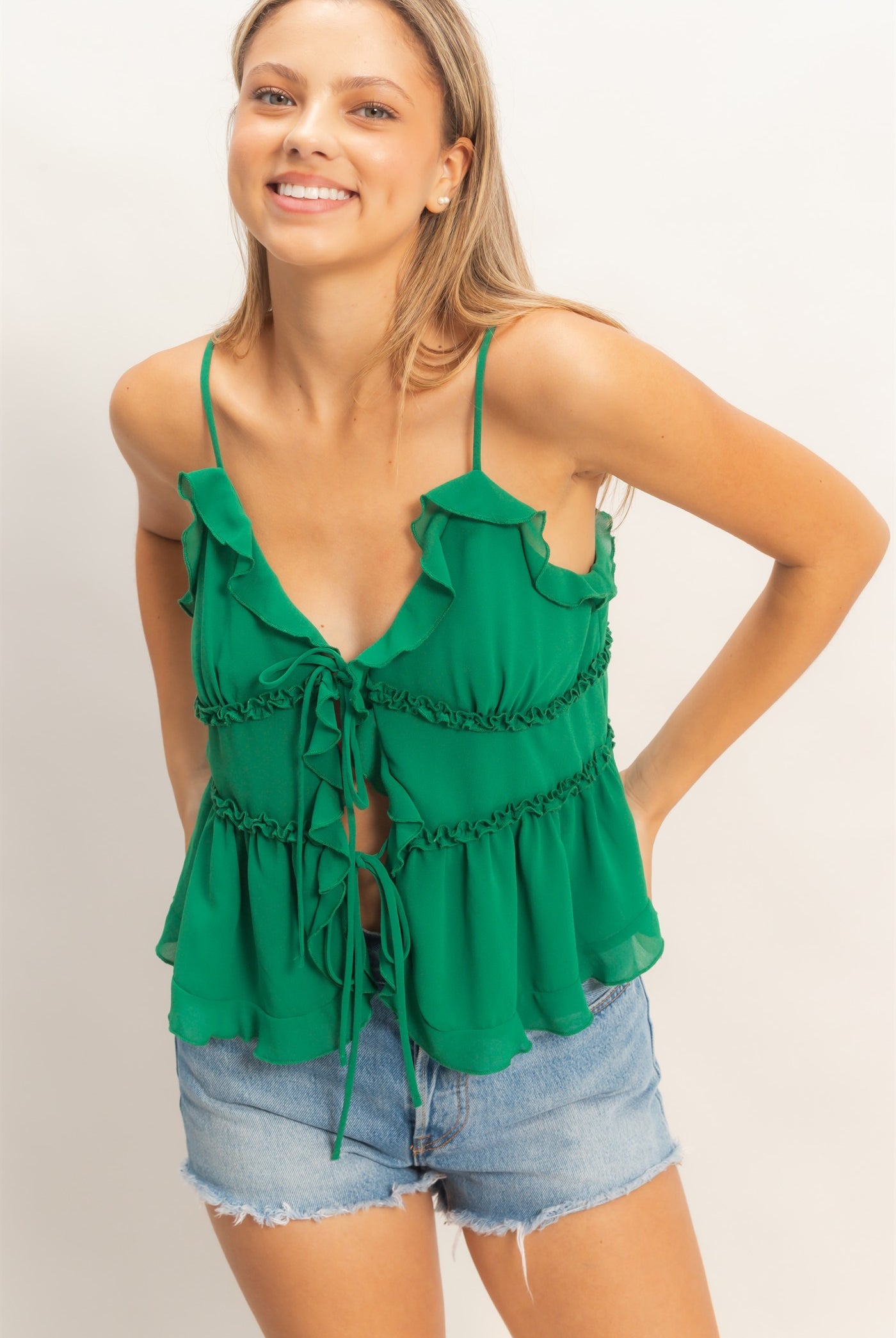 Wholesale Layered Tie-Front Camisole Top Clothing Tops HF26C321 GREEN HYFVE