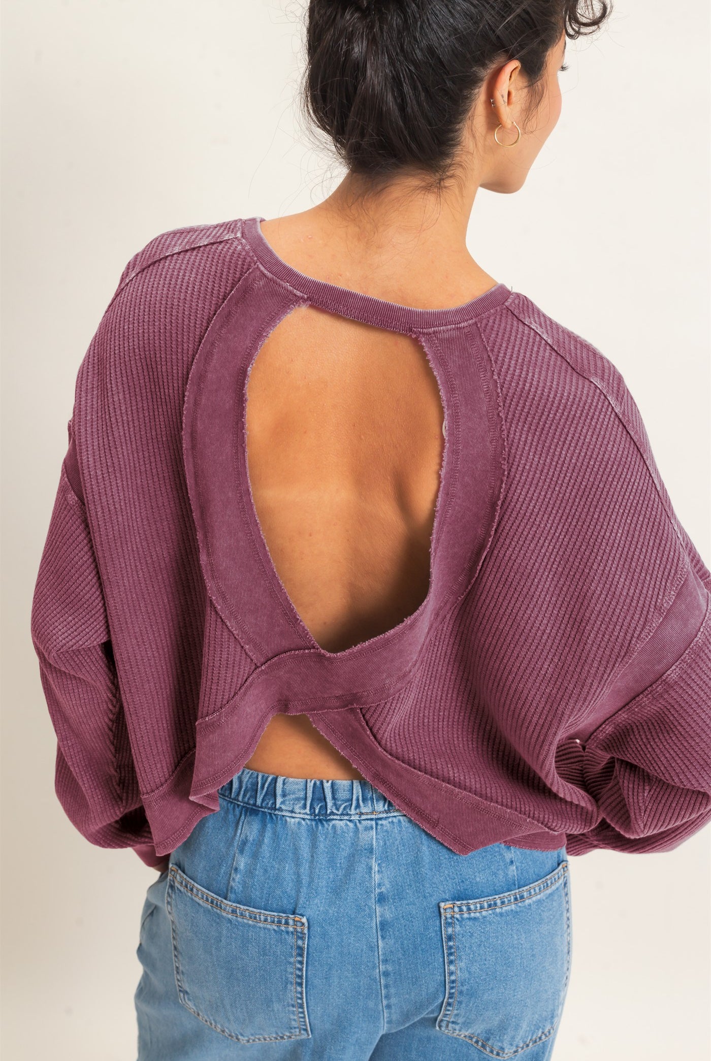 Wholesale Mineral Wash Waffle Open Back Top Clothing Tops DZ26C964 DARK CHERRY DOUBLE ZERO