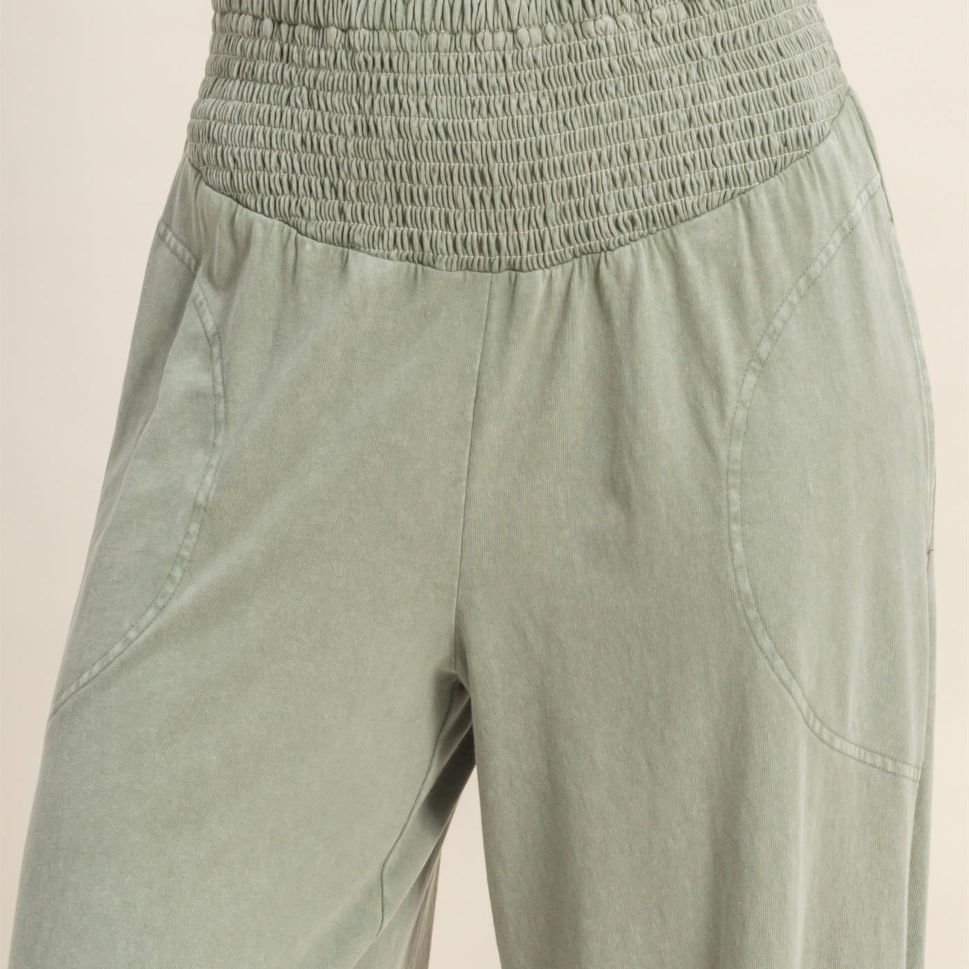 Wholesale Mineral Washed Wide-Leg Smocked Waist Pants Pants DZ26A249 SAGE GREEN DOUBLE ZERO