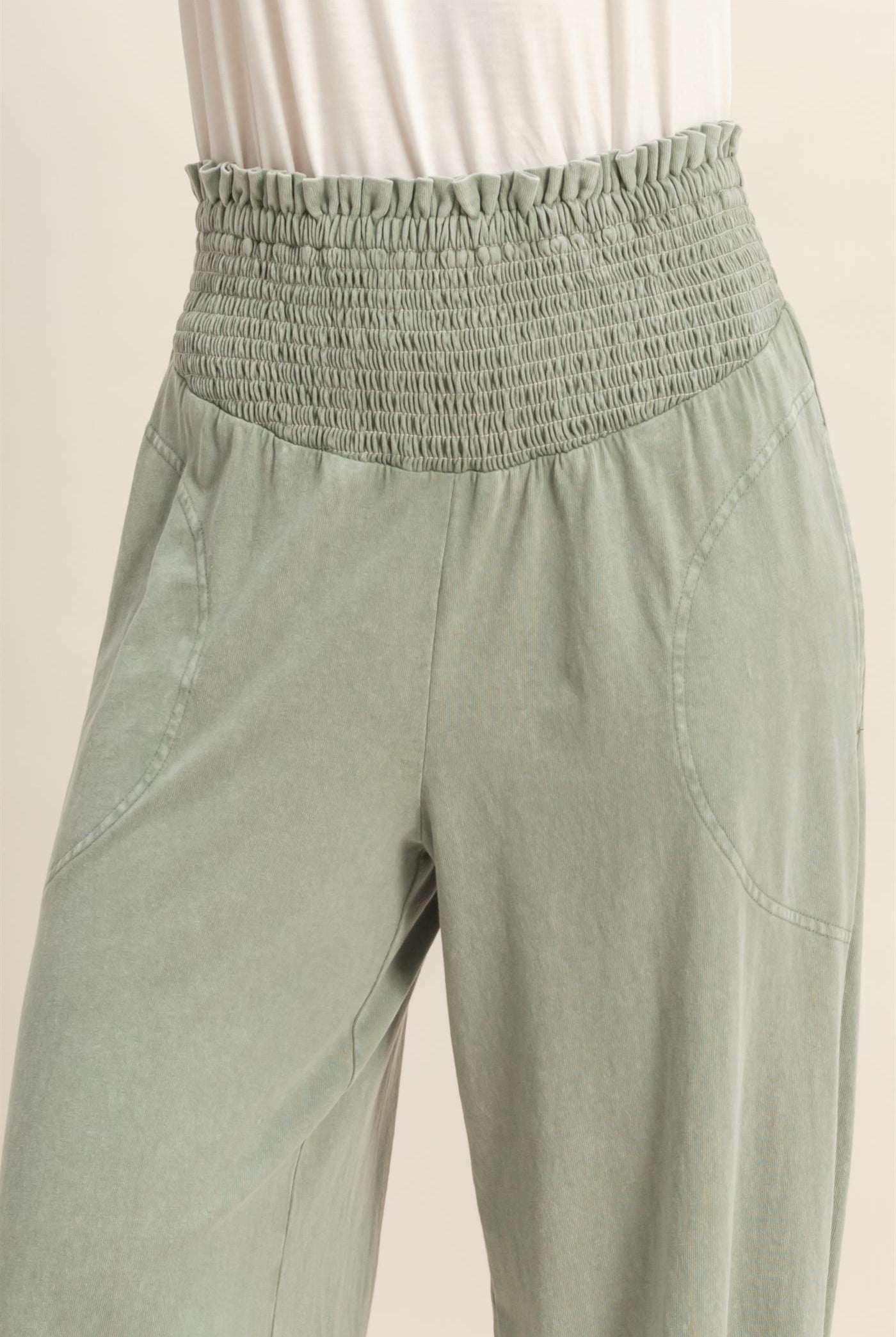 Wholesale Mineral Washed Wide-Leg Smocked Waist Pants Pants DZ26A249 SAGE GREEN DOUBLE ZERO