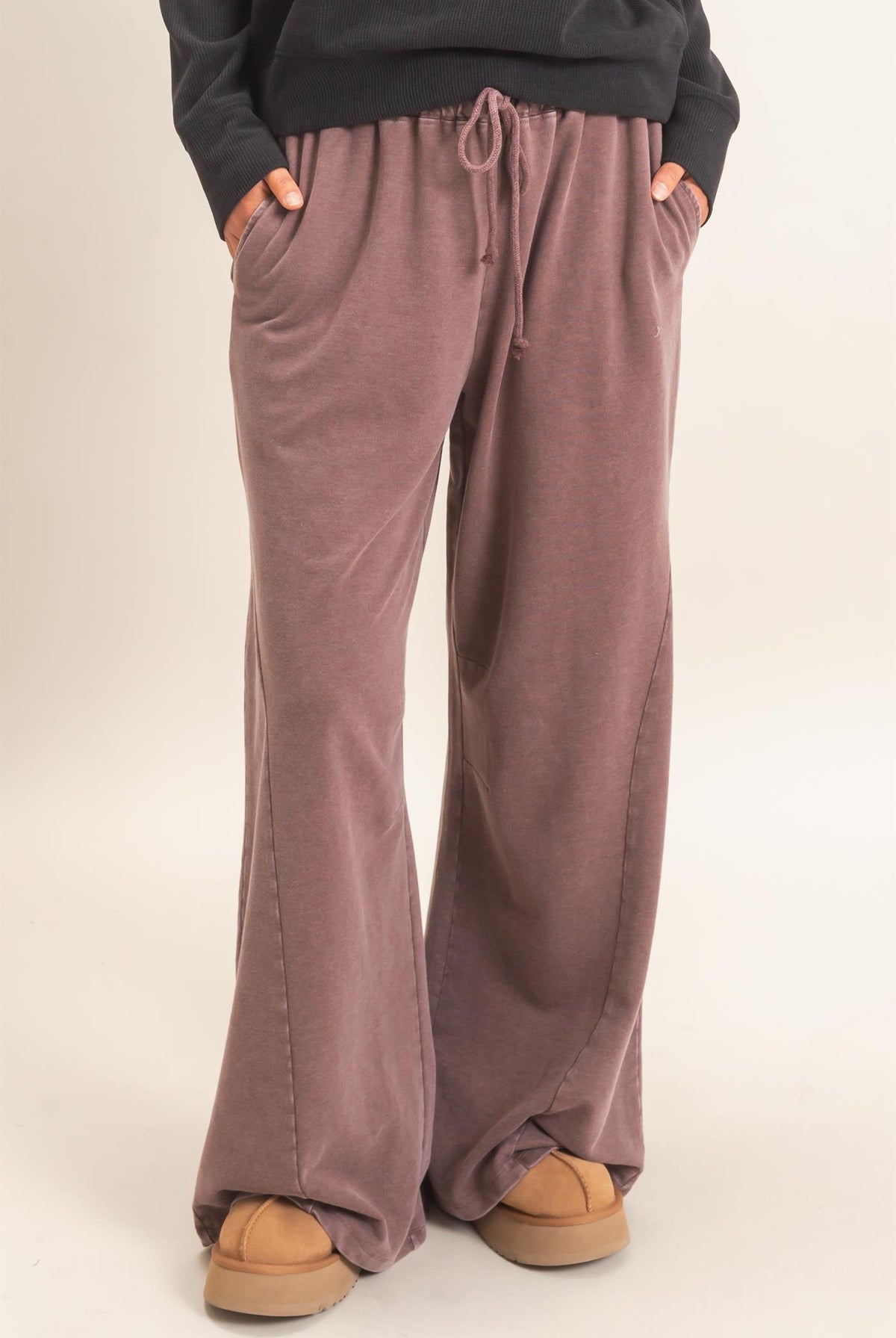 Wholesale Mineral Washed Wide Leg Pants Pants DZ26F082 DARK BROWN DOUBLE ZERO