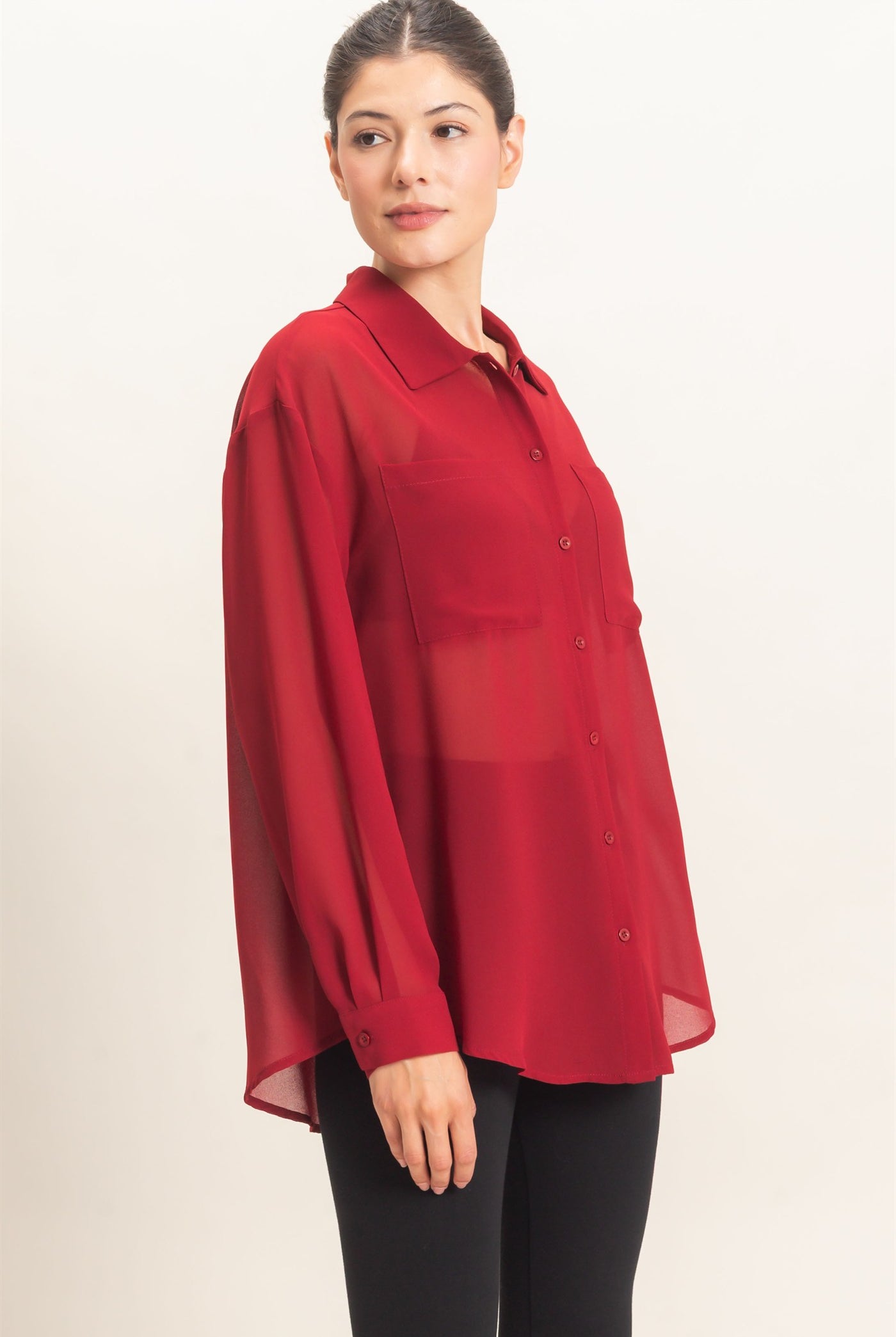 Wholesale Button-Down Collar Blouse Shirts HF26F067 BURGUNDY HYFVE