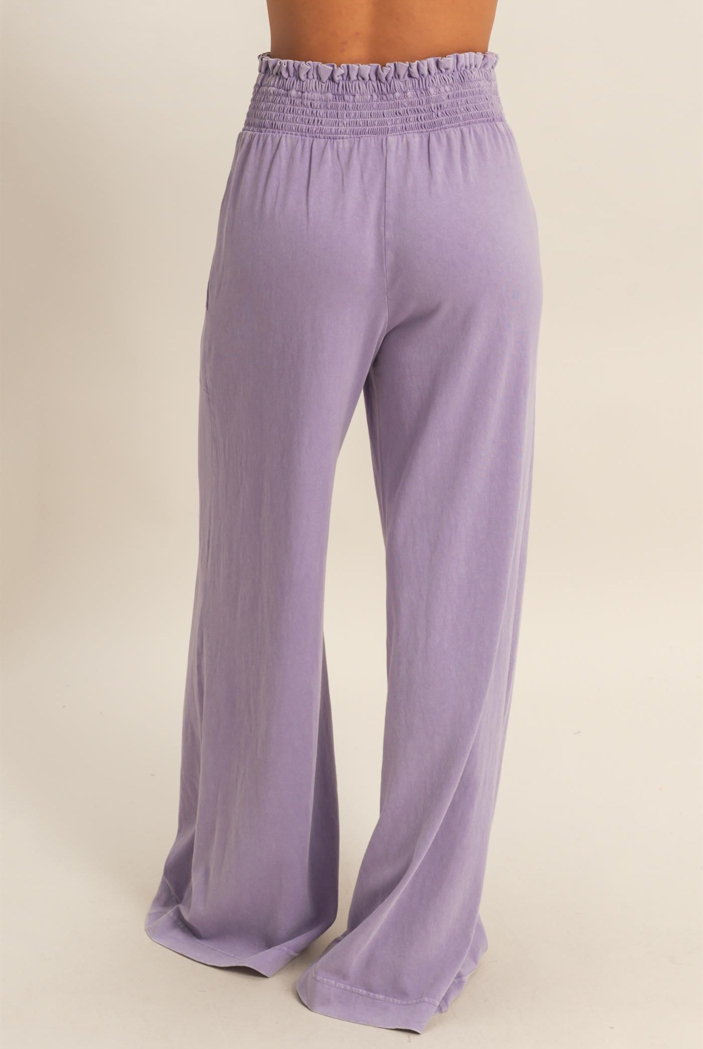 Wholesale Mineral Washed Wide-Leg Smocked Waist Pants Pants DZ26A249 DUSTY PURPLE DOUBLE ZERO