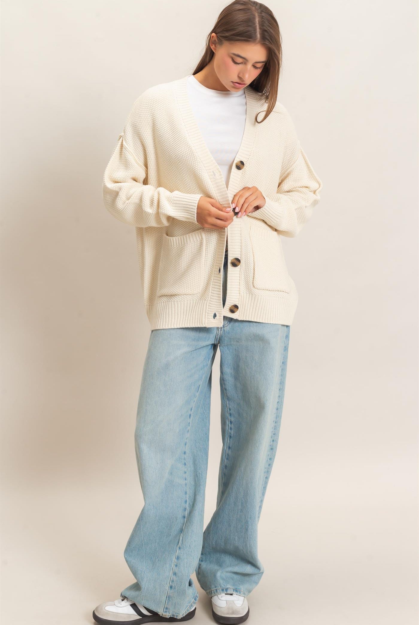 Wholesale Textured Oversized Knit Buttoned Cardigan Cardigans DZ26C971 CREAM DOUBLE ZERO