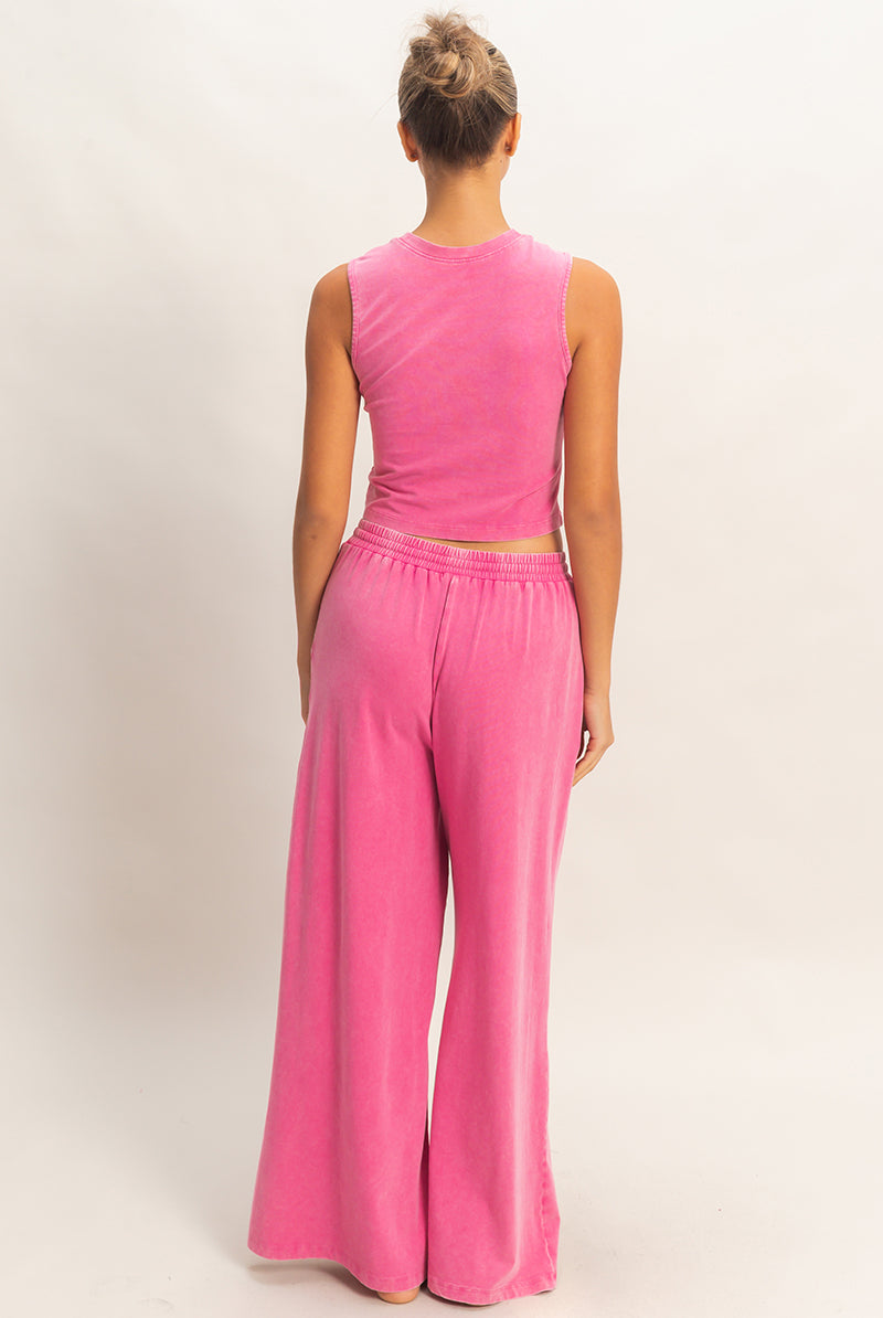 Wholesale Mineral Washed Sleeveless Top & Wide Leg Pants Set Clothing DZ26A371-SET FUCHSIA DOUBLE ZERO