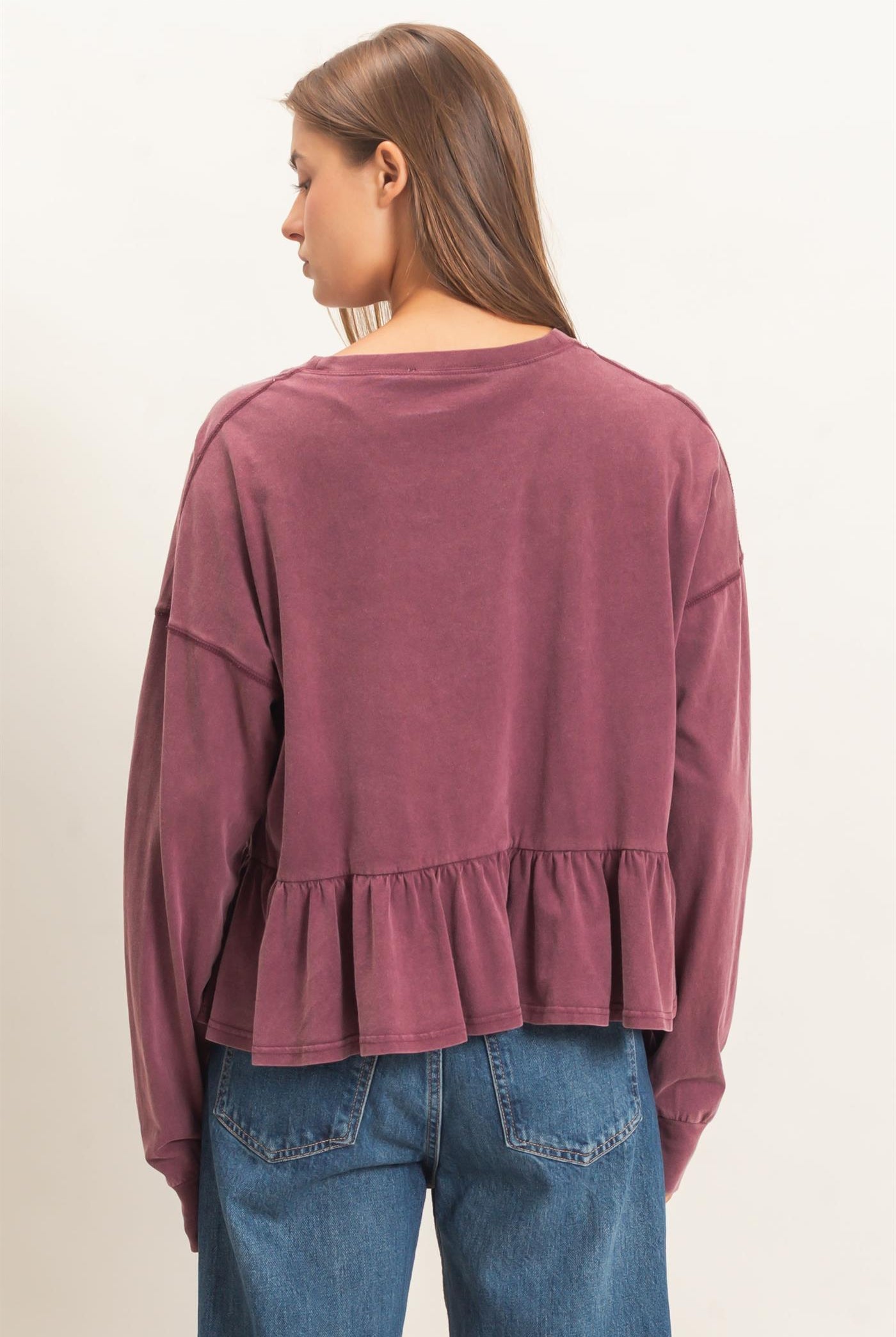 Wholesale Peplum Long Sleeve Top Clothing Tops DZ26F397 DARK CHERRY DOUBLE ZERO