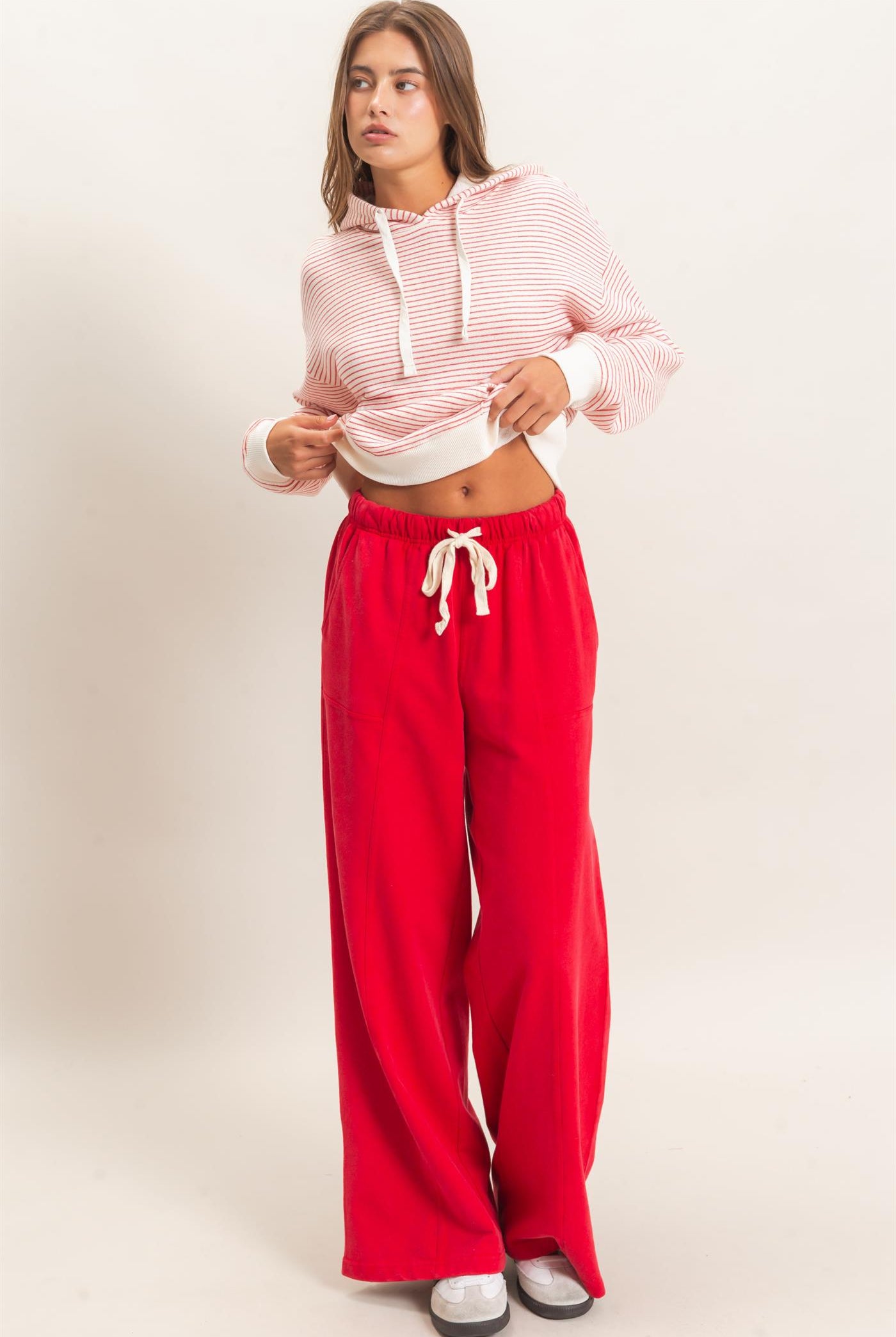 Wholesale Acid Wash Drawstring Waist Wide Leg Pants Pants DZ25A685 RED DOUBLE ZERO