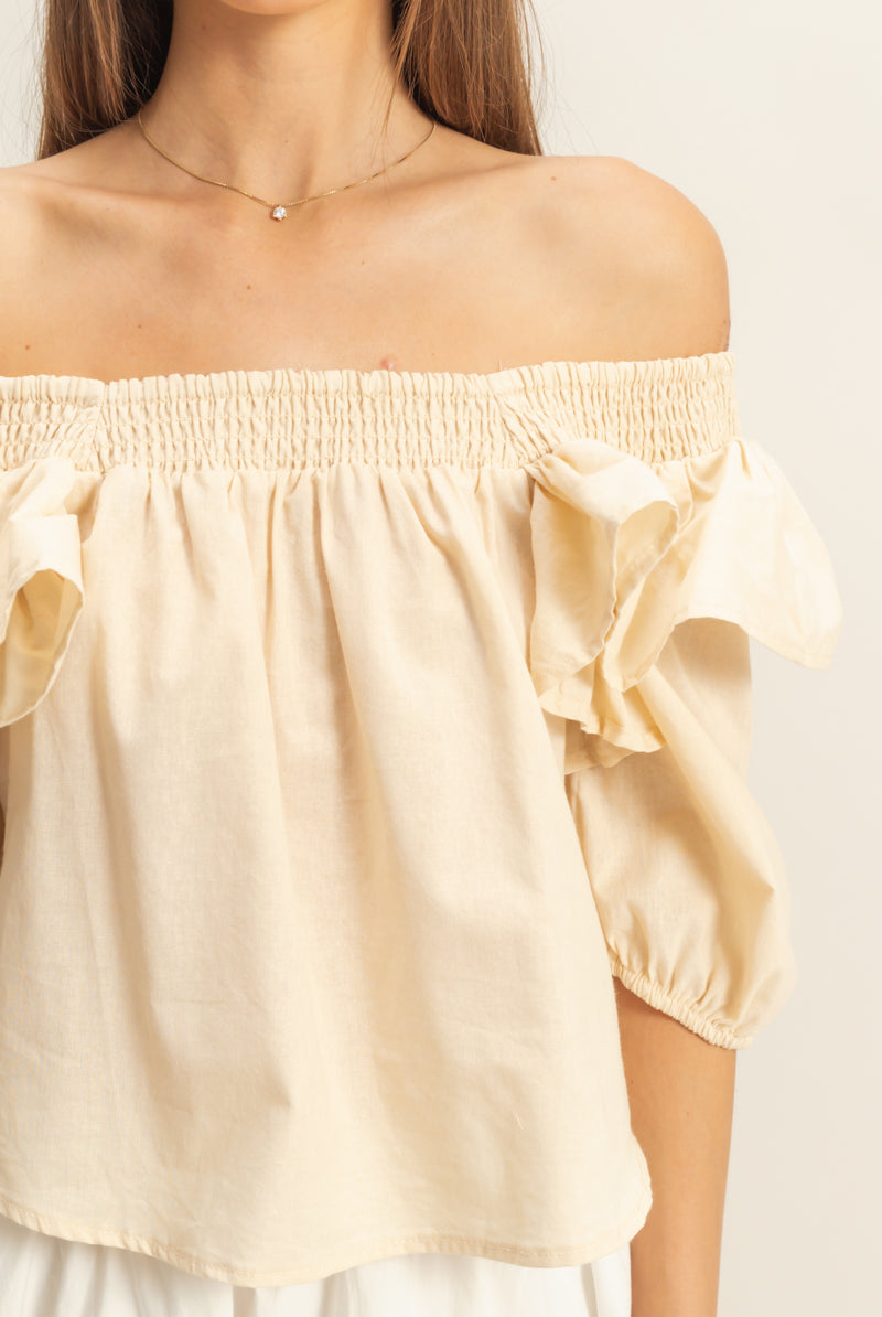Wholesale Ruffled Short Sleeve Top Clothing Tops HF22C757 SAND HYFVE