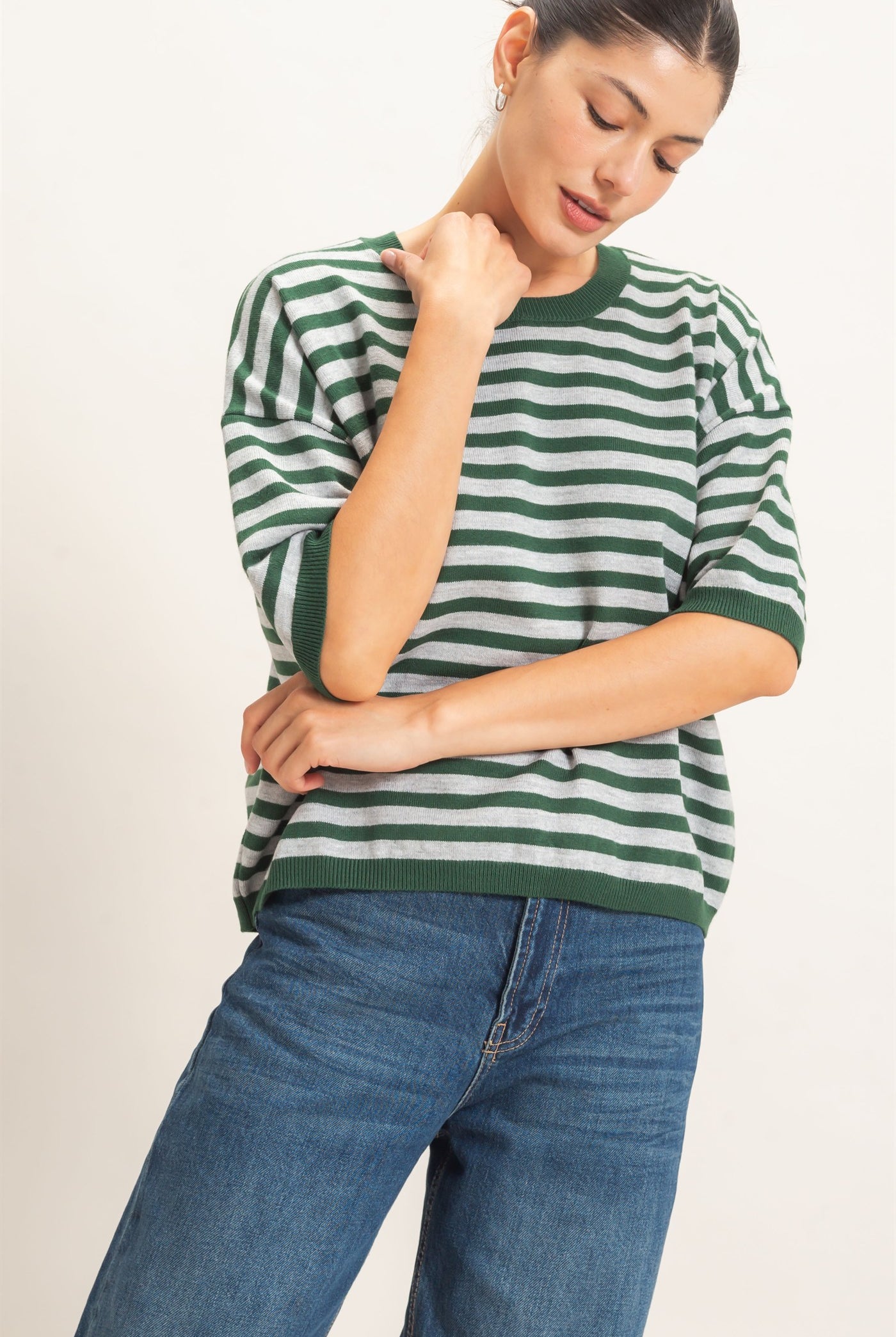 Wholesale Striped Crew Neck Sweater Sweaters HF26E234 HUNTER GREEN HYFVE