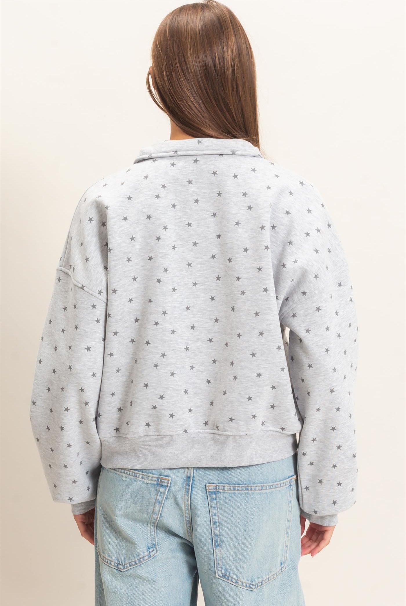 Wholesale Star Print Half Zip Sweatshirt Sweatshirts DZ26E245 HEATHER GRAY DOUBLE ZERO