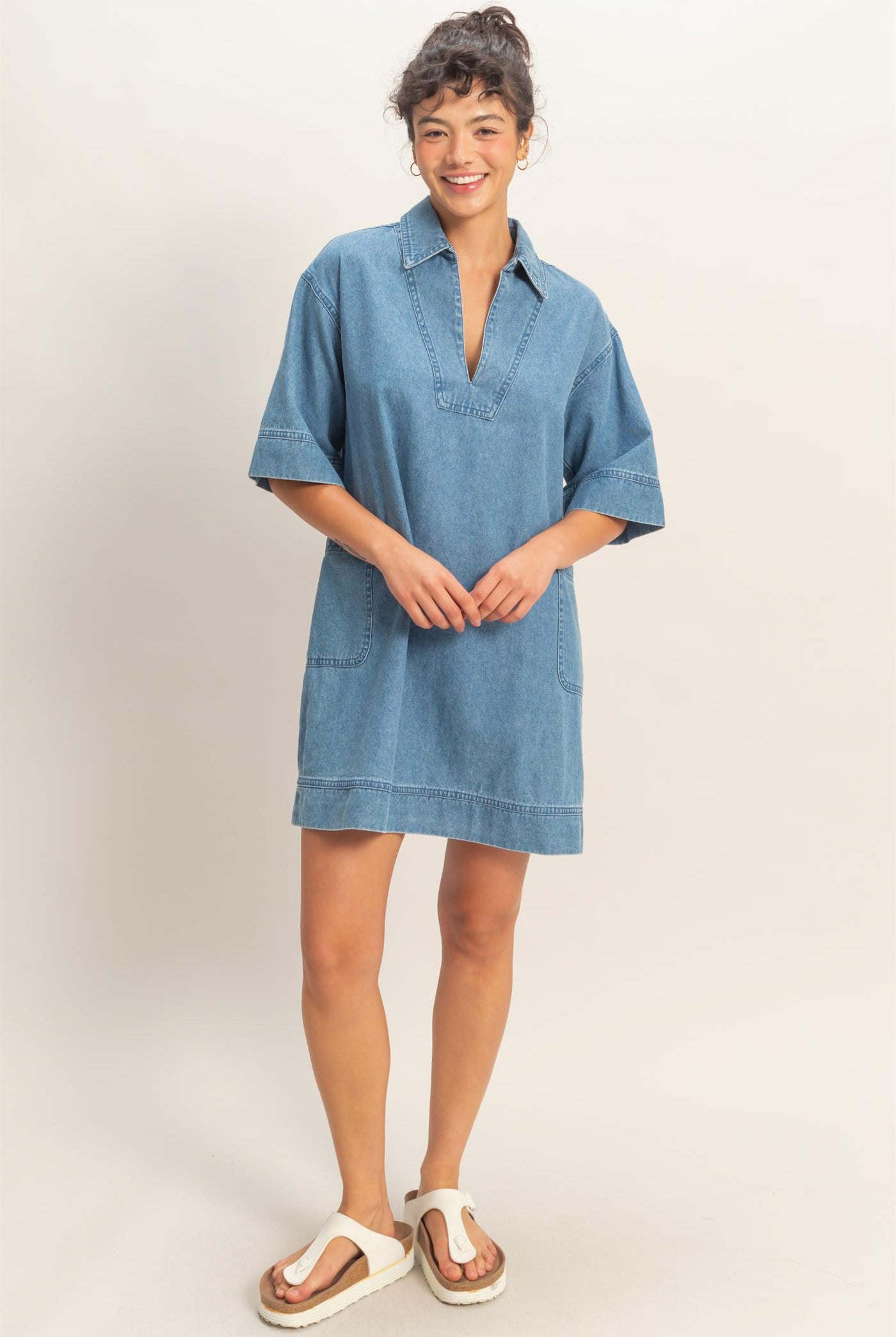 Wholesale Denim Collar Tunic Dress Dresses DZ25F163 MEDIUM BLUE DOUBLE ZERO