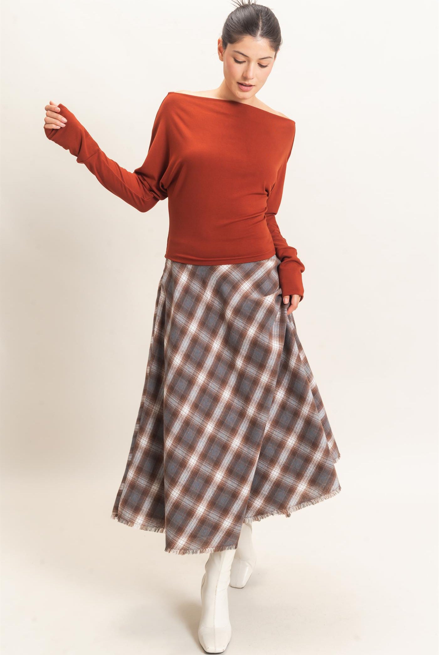 Wholesale A-Line Plaid Frayed Hem Skirt Skirts HF26E972 BROWN HYFVE