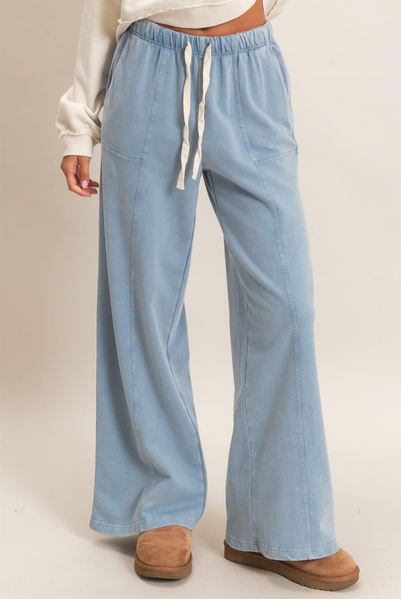 Wholesale Acid Wash Drawstring Waist Wide Leg Pants Pants DZ25A685 DUSTY BLUE DOUBLE ZERO