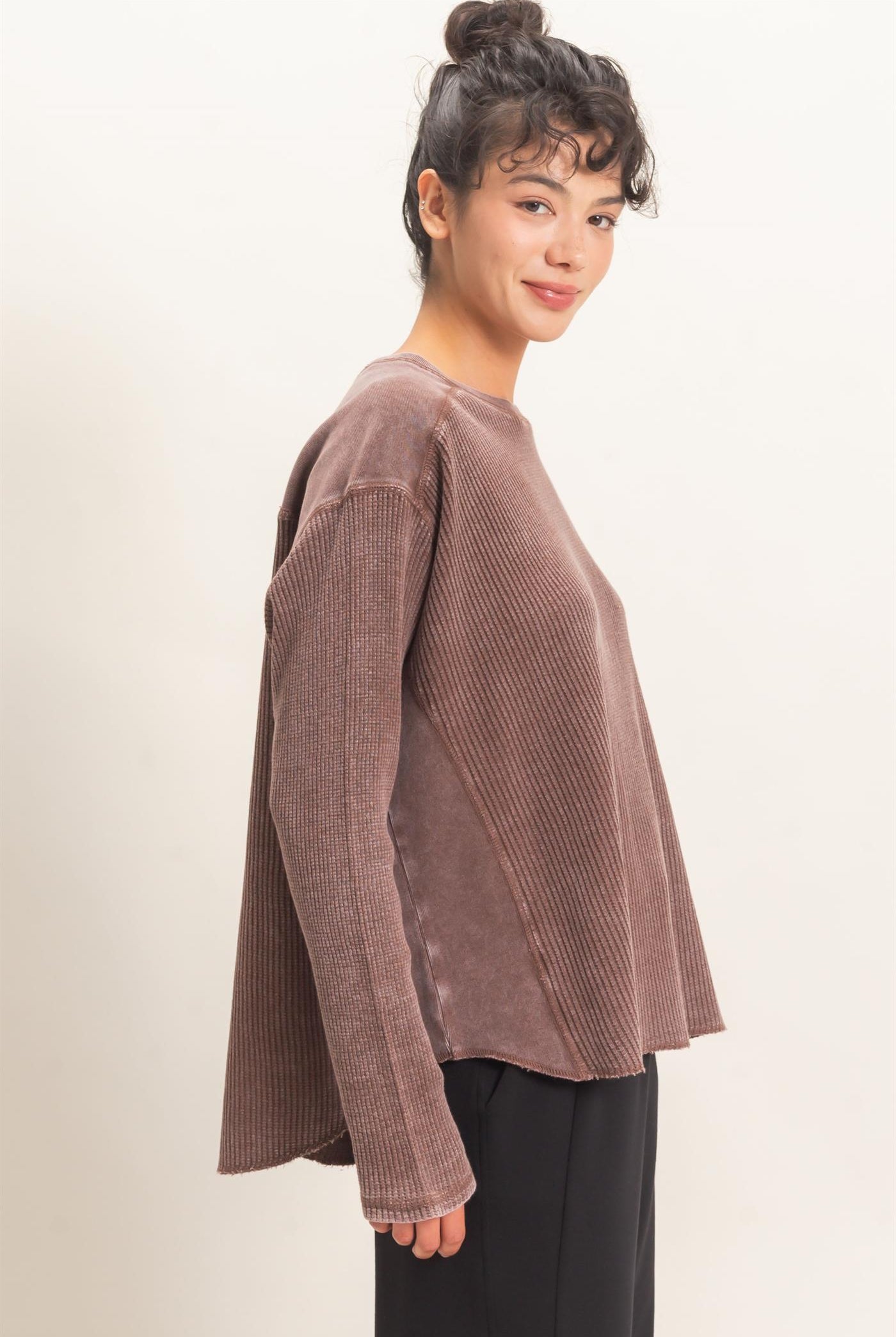 Wholesale Oversized Mineral Washed Waffle Knit Top Clothing Tops DZ26E654 DARK BROWN DOUBLE ZERO