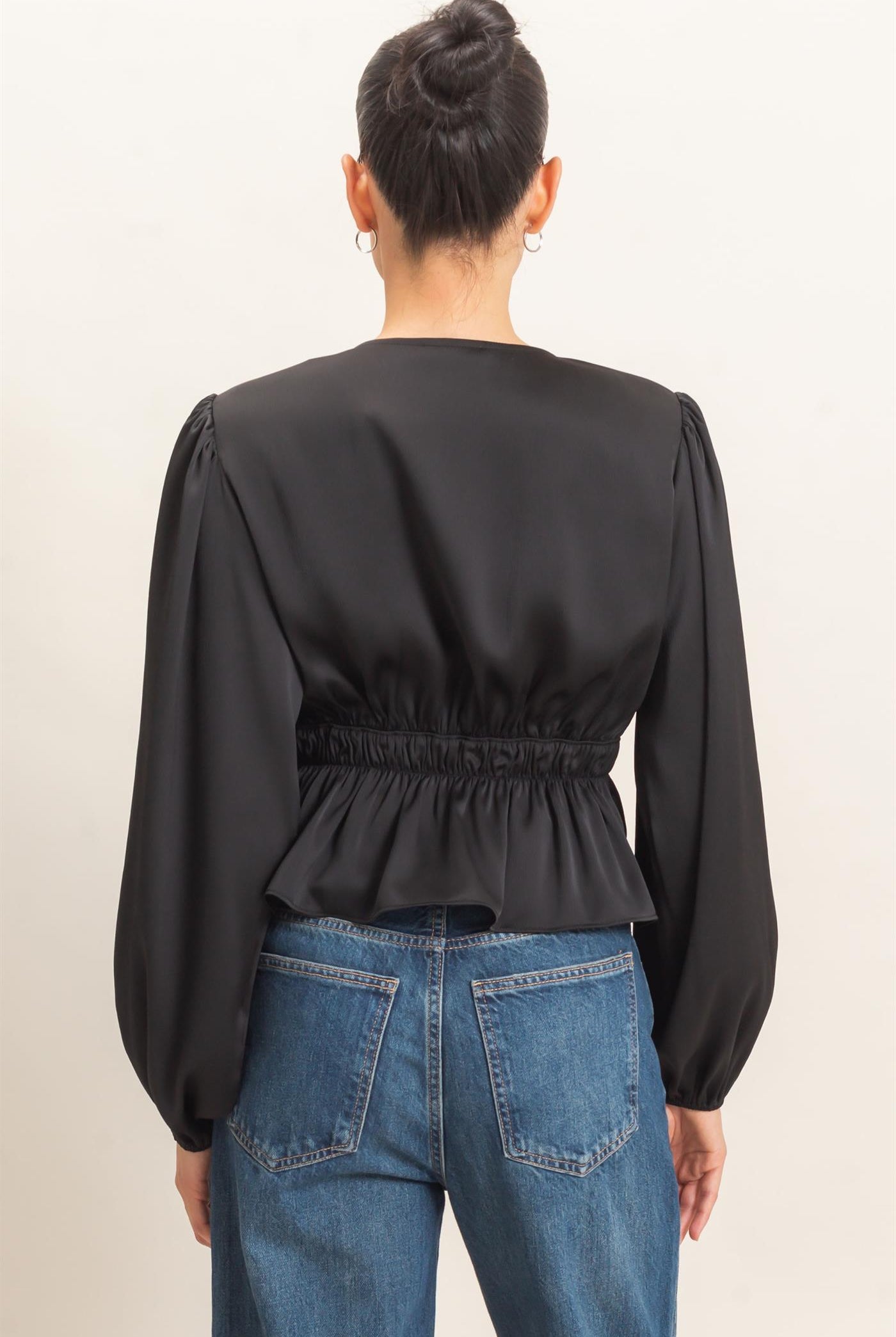 Wholesale Plunging Tie-Front Blouse Blouses HF26F082 BLACK HYFVE