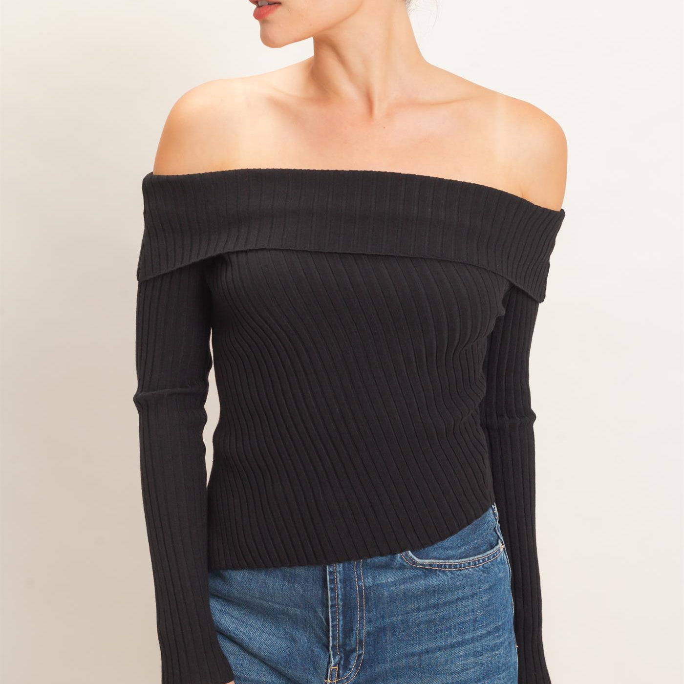 Wholesale Ribbed Off-Shoulder Sweater Sweaters HF26E937 BLACK HYFVE