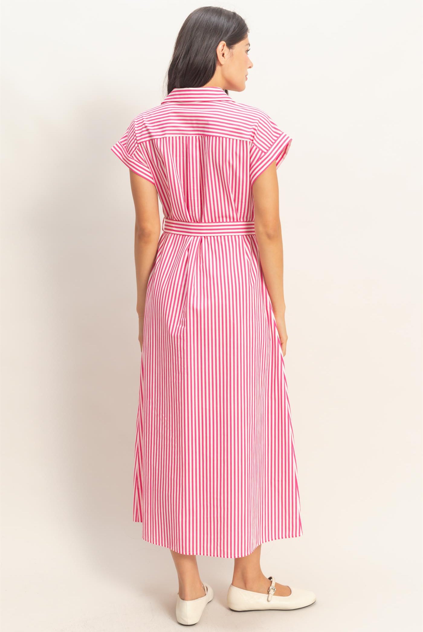 Wholesale Striped Poplin Belted Shirt Dress With Pockets Dresses DZ26C129 PINK DOUBLE ZERO