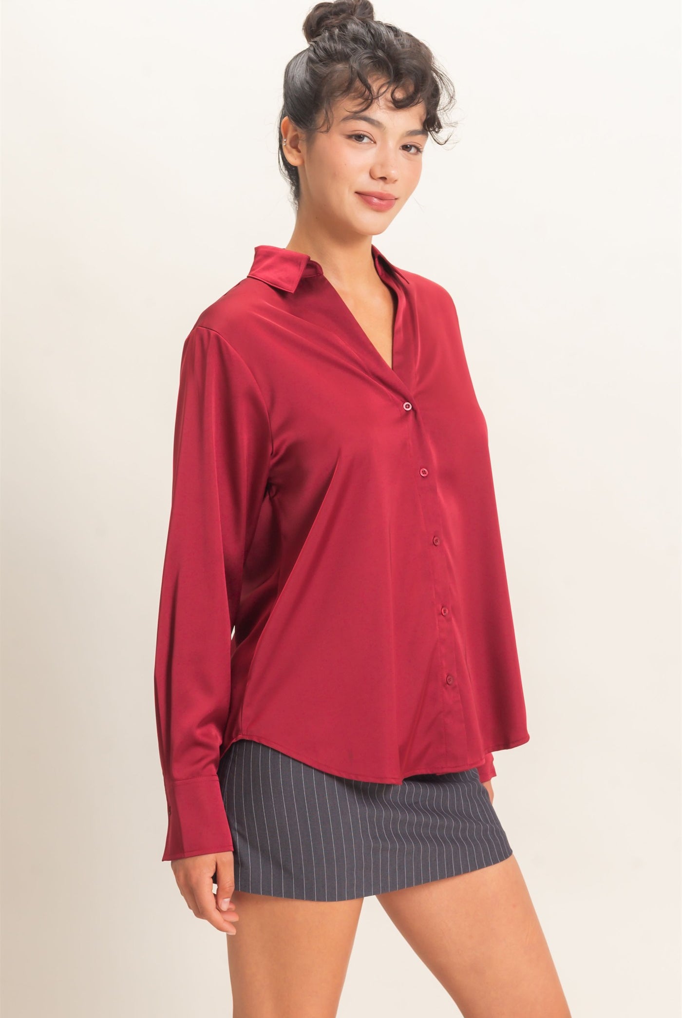 Wholesale Satin Button-Down Shirts Shirts DZ26E265 BURGUNDY DOUBLE ZERO