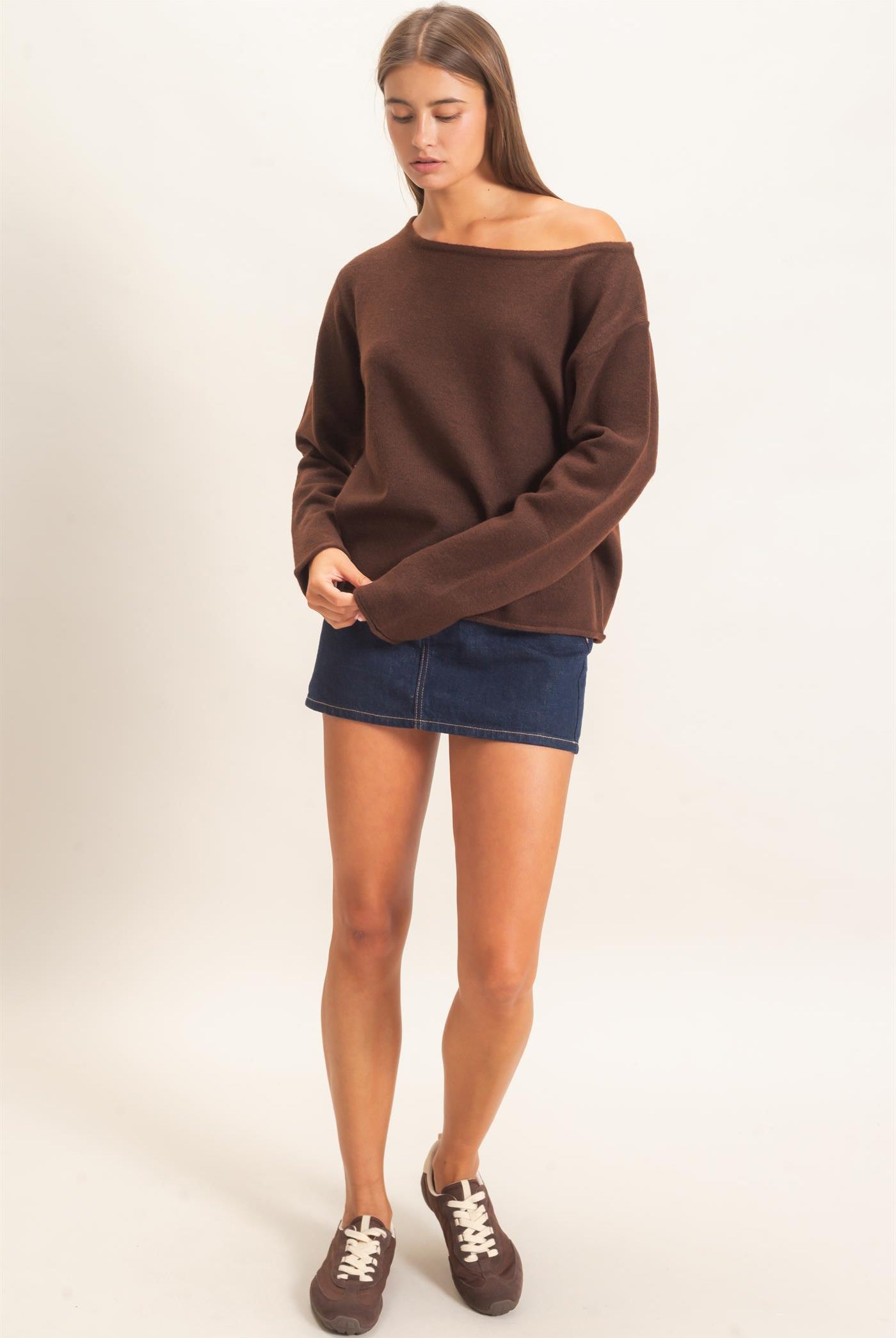 Wholesale Off The Shoulder Sweater Sweaters DZ26E652 DARK BROWN DOUBLE ZERO