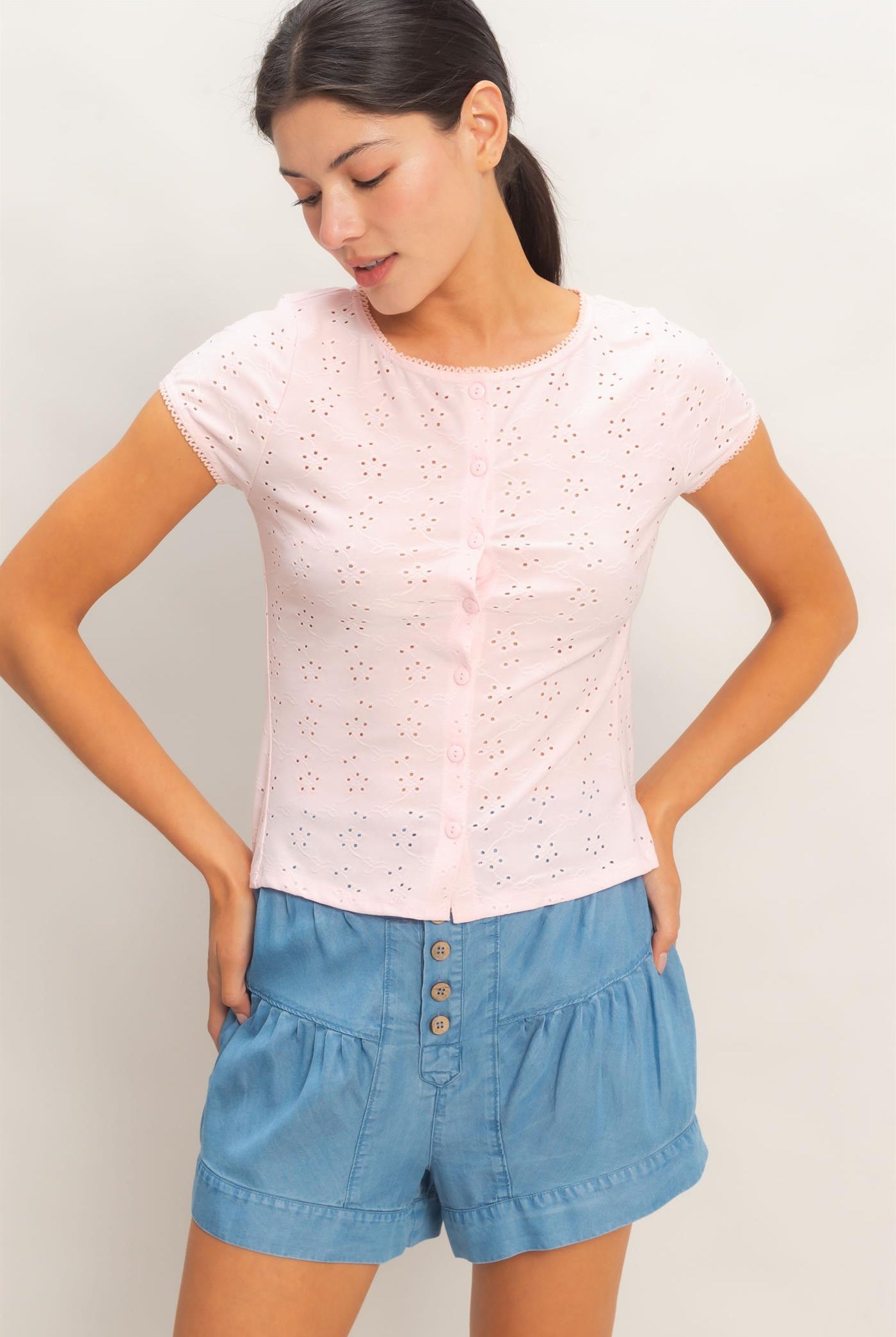 Wholesale Eyelet Button Front Knit Top Clothing Tops HF26C094 PINK HYFVE