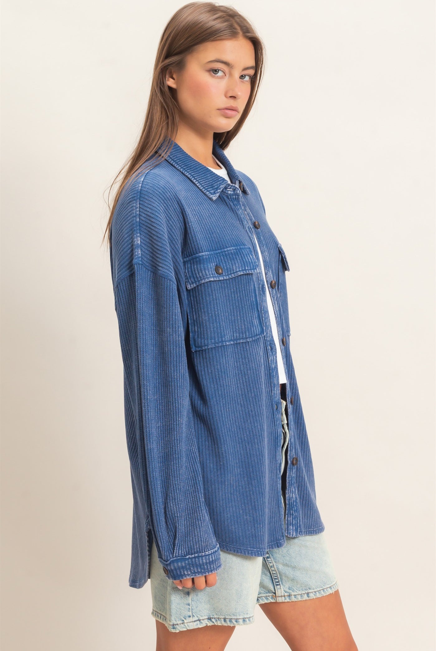 Wholesale Mineral Wash Waffle Knit Button-Up Shacket Coats & Jackets DZ26E249 NAVY DOUBLE ZERO