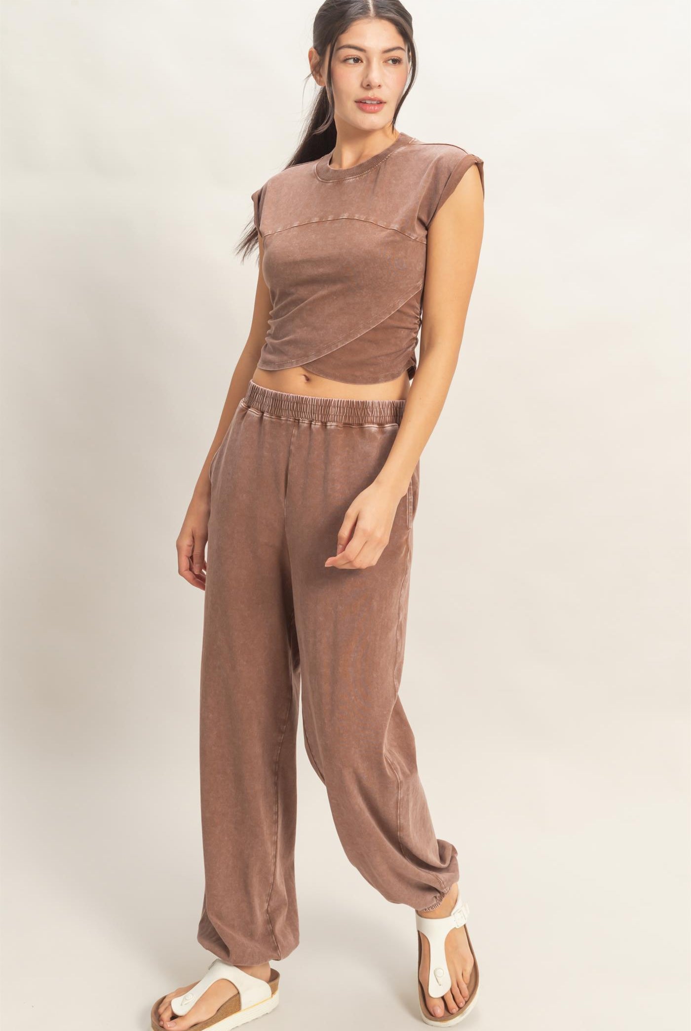 Wholesale Rolled Sleeve Wrap-Front Crop Top And Jogger Set Clothing DZ26A172-SET CHOCOLATE DOUBLE ZERO
