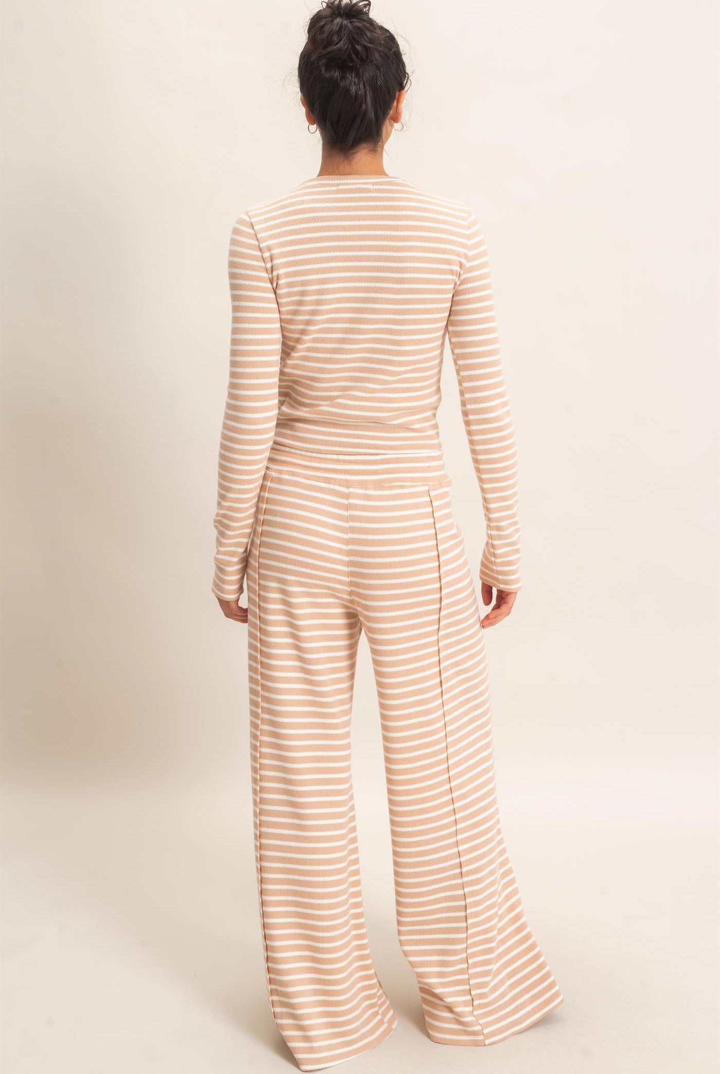 Wholesale Striped Waffle Long Sleeve Top & Pants Set Clothing DZ25F479-SET SAND DOUBLE ZERO
