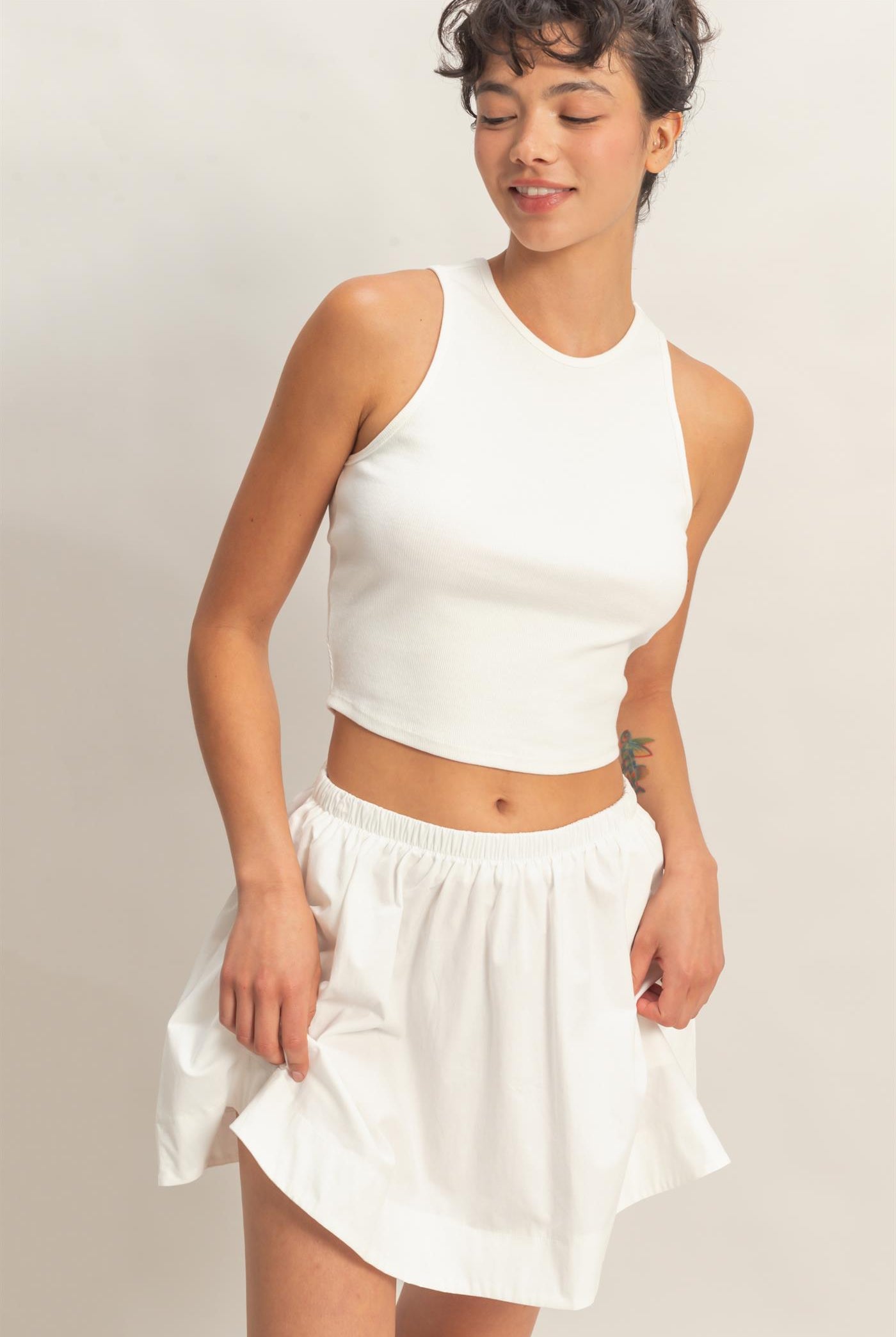 Wholesale Sleeveless Ribbed Top And Skirt Set Clothing DZ26C346-SET WHITE DOUBLE ZERO