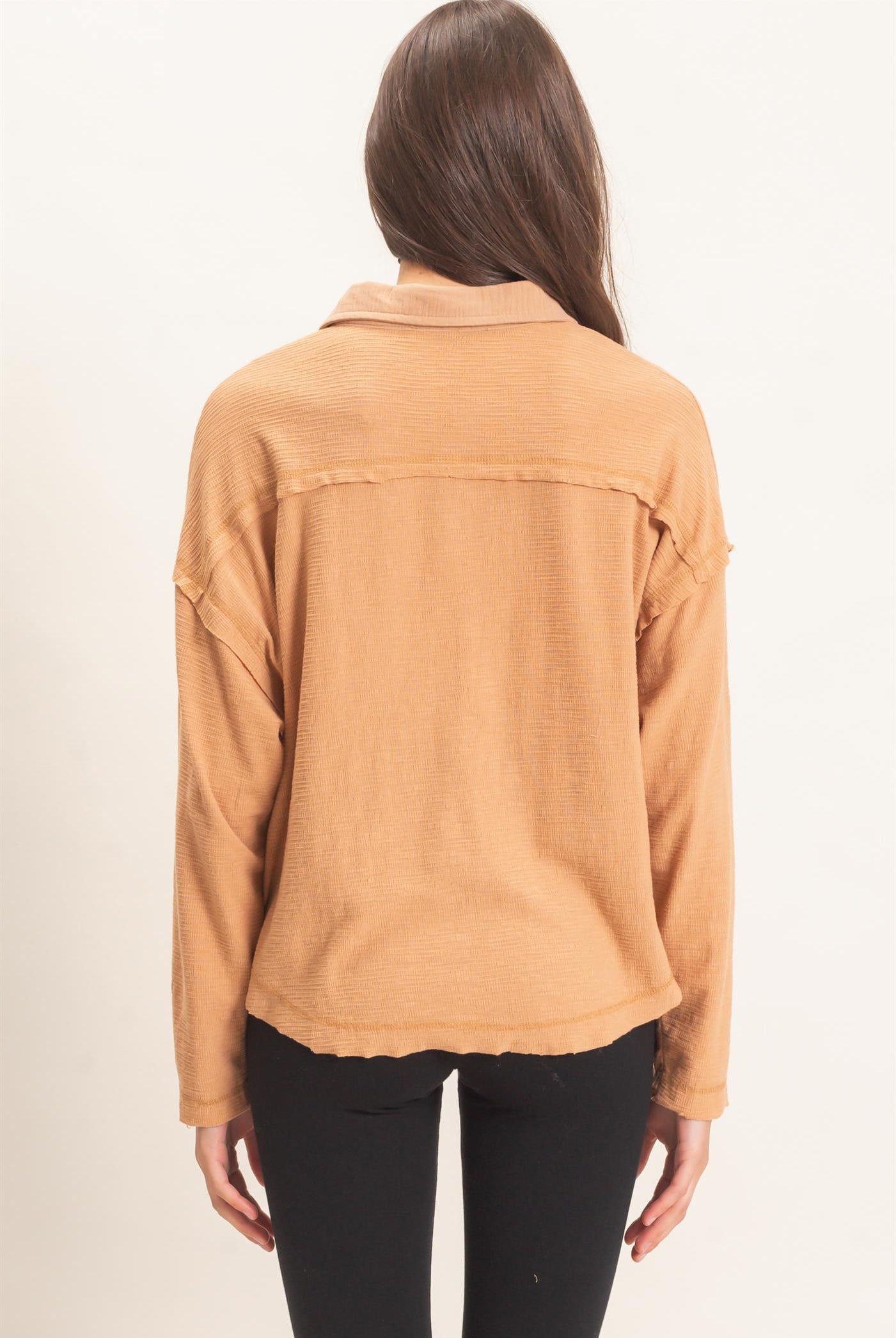 Wholesale Textured Button-Up Shirt Clothing Tops HF26C878 LIGHT BROWN HYFVE