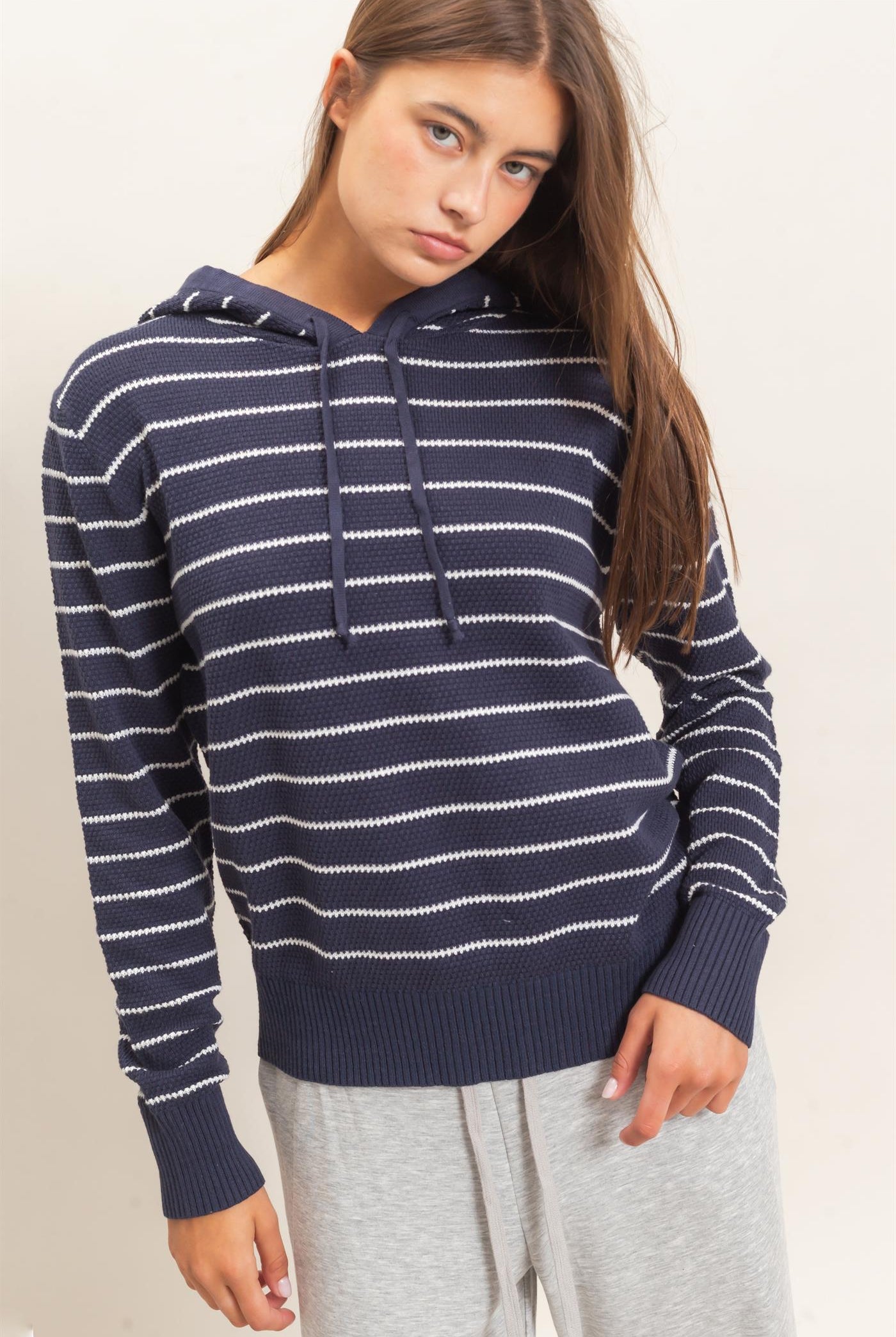 Wholesale Striped Hooded Sweater Hoodies DZ26C972 NAVY DOUBLE ZERO