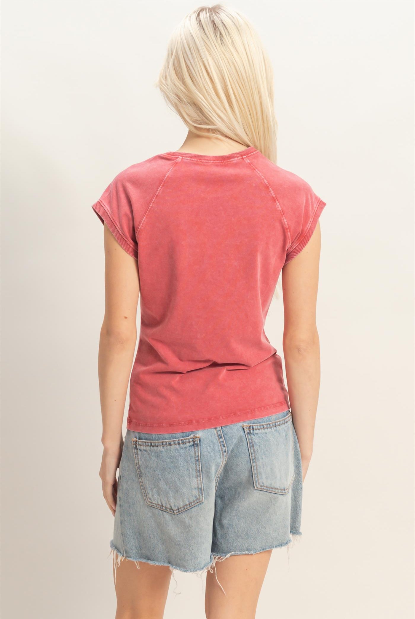Wholesale Mineral Wash Raglan Short Sleeve Top T-Shirts DZ26A741 DARK RED DOUBLE ZERO