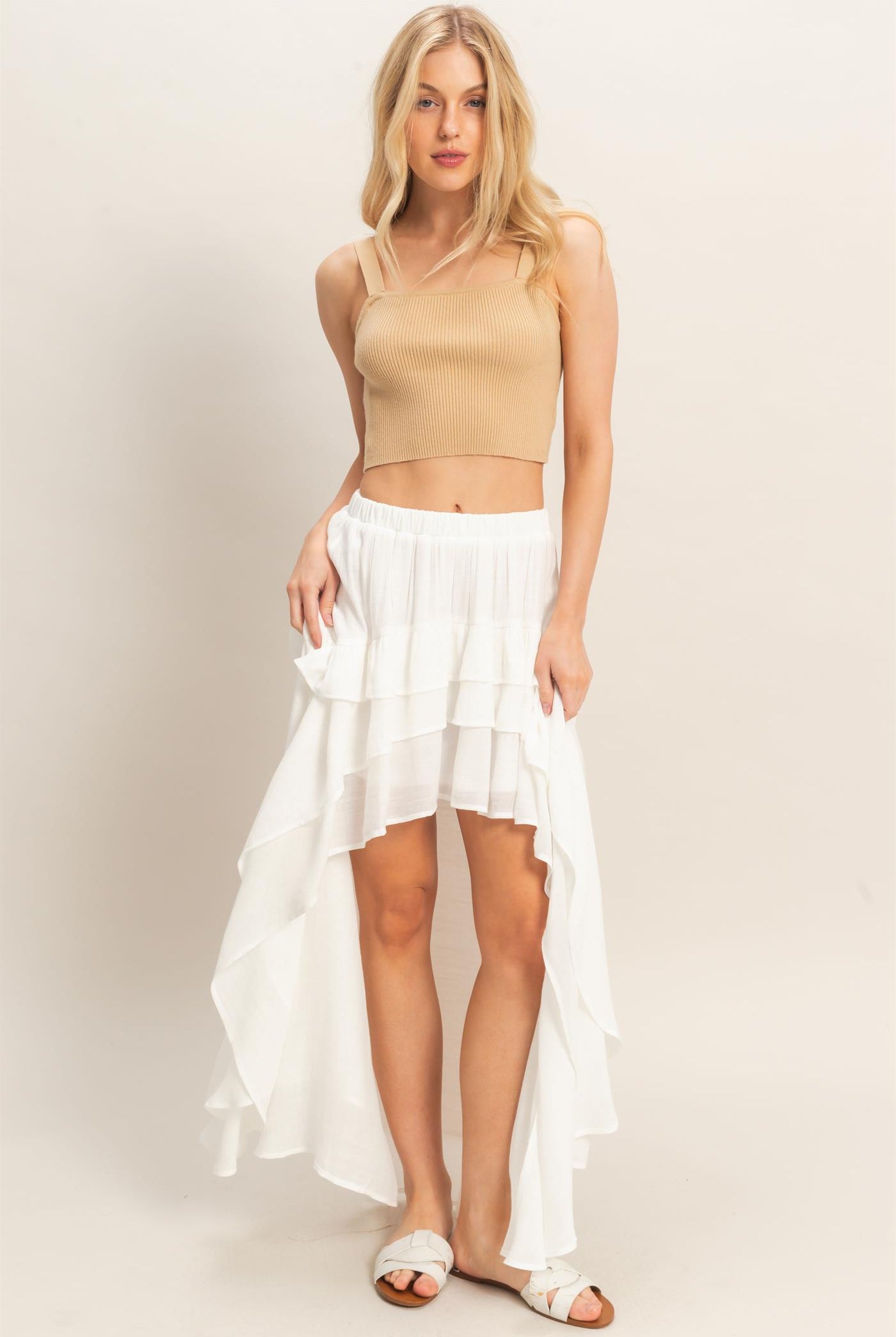Wholesale Tiered Ruffle High-Low Skirt Skirts HF26C194 WHITE HYFVE