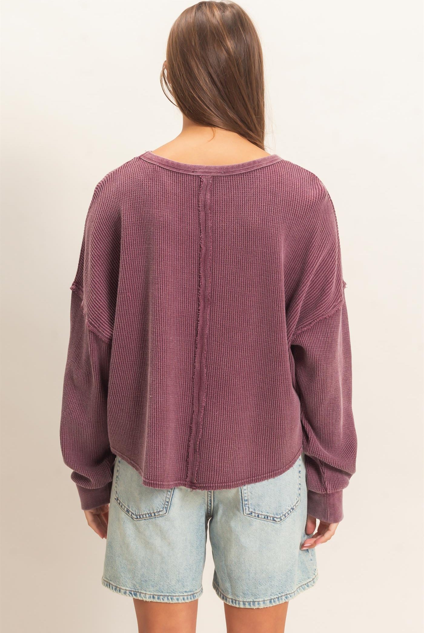 Wholesale Mineral Wash Waffle Oversized Top Clothing Tops DZ26E248 DARK CHERRY DOUBLE ZERO