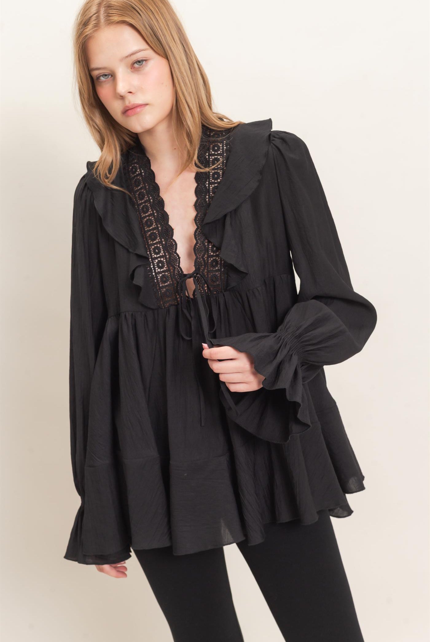 Wholesale Ruffle Lace Tie Neck Blouse Tunics HF26E642 BLACK HYFVE