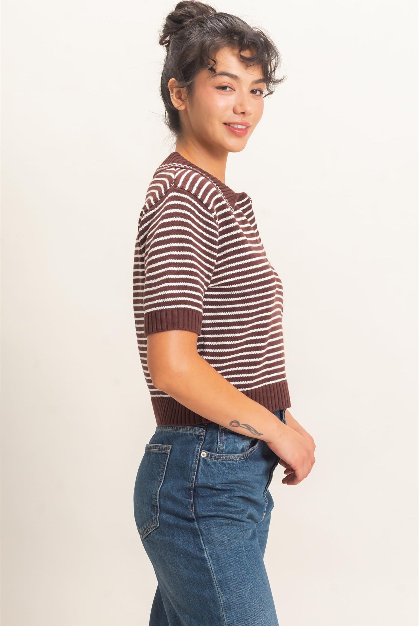 Wholesale Striped Short Sleeve Collar Knit Top Clothing Tops DZ26E261 DARK BROWN DOUBLE ZERO