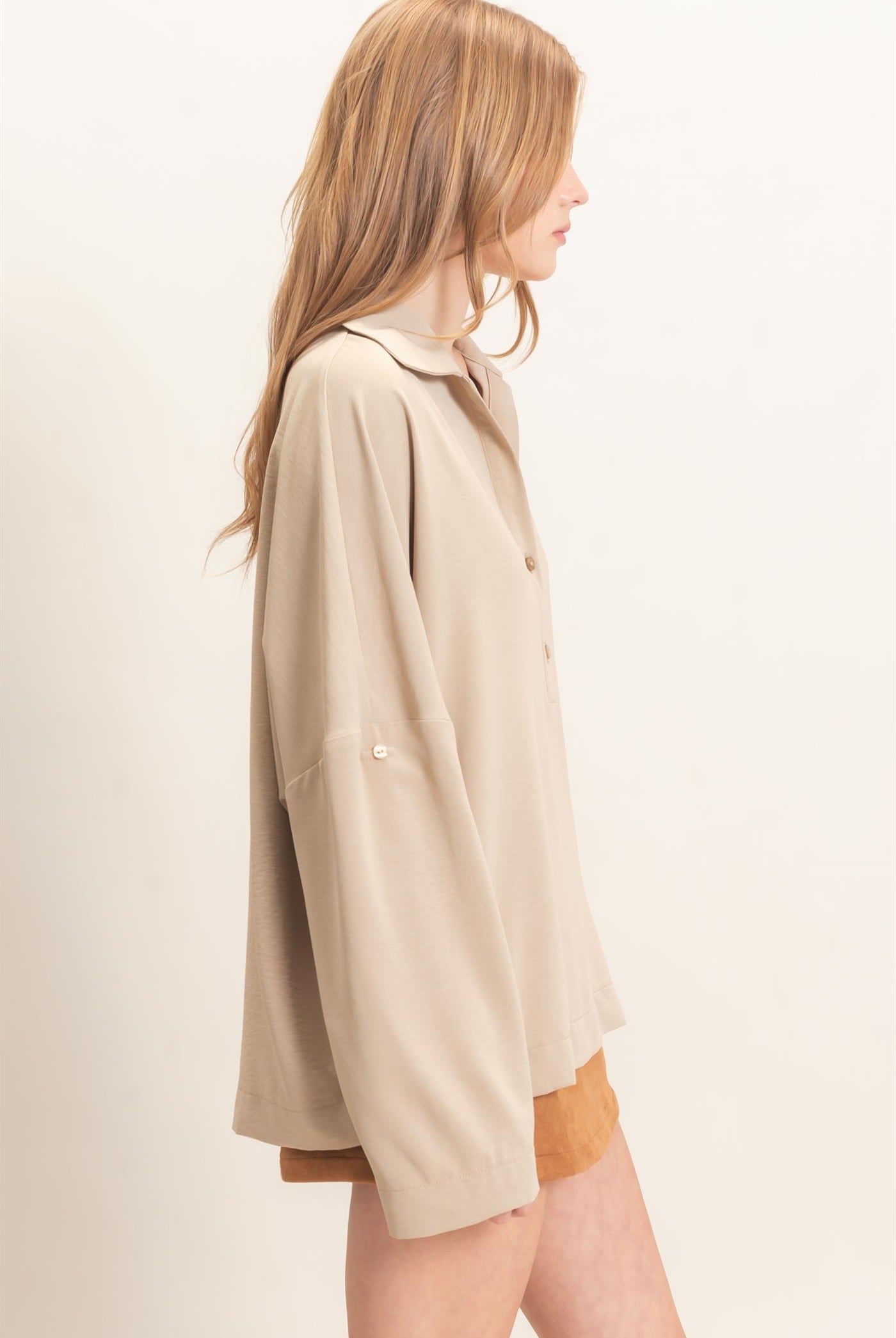 Wholesale Buttoned Collar Split Sleeve Top Clothing Tops HF26F071 BEIGE HYFVE