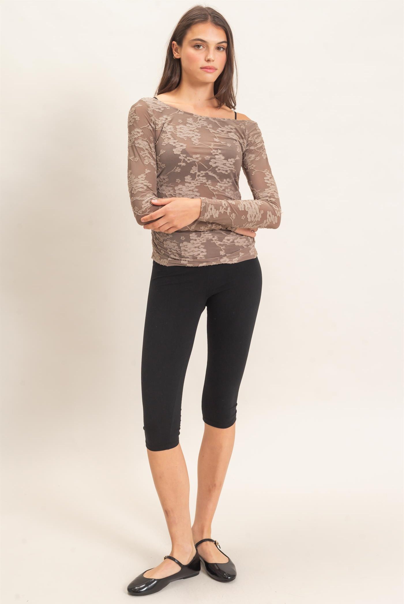 Wholesale Textured Mesh Off-Shoulder Top Blouses HF26F043 GRAY HYFVE