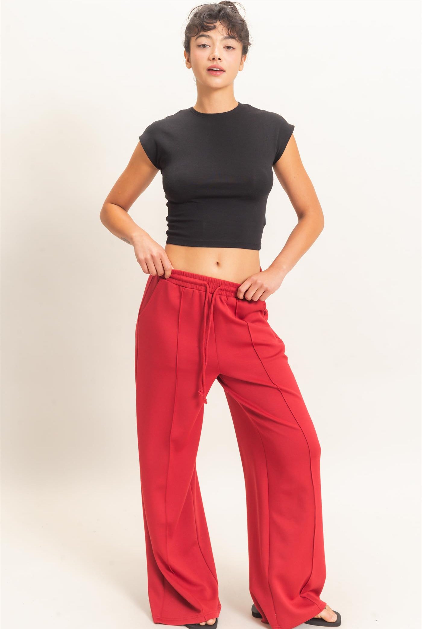 Wholesale Drawstring Waist Pintuck Wide Leg Pants Pants DZ26E384 DARK RED HYFVE