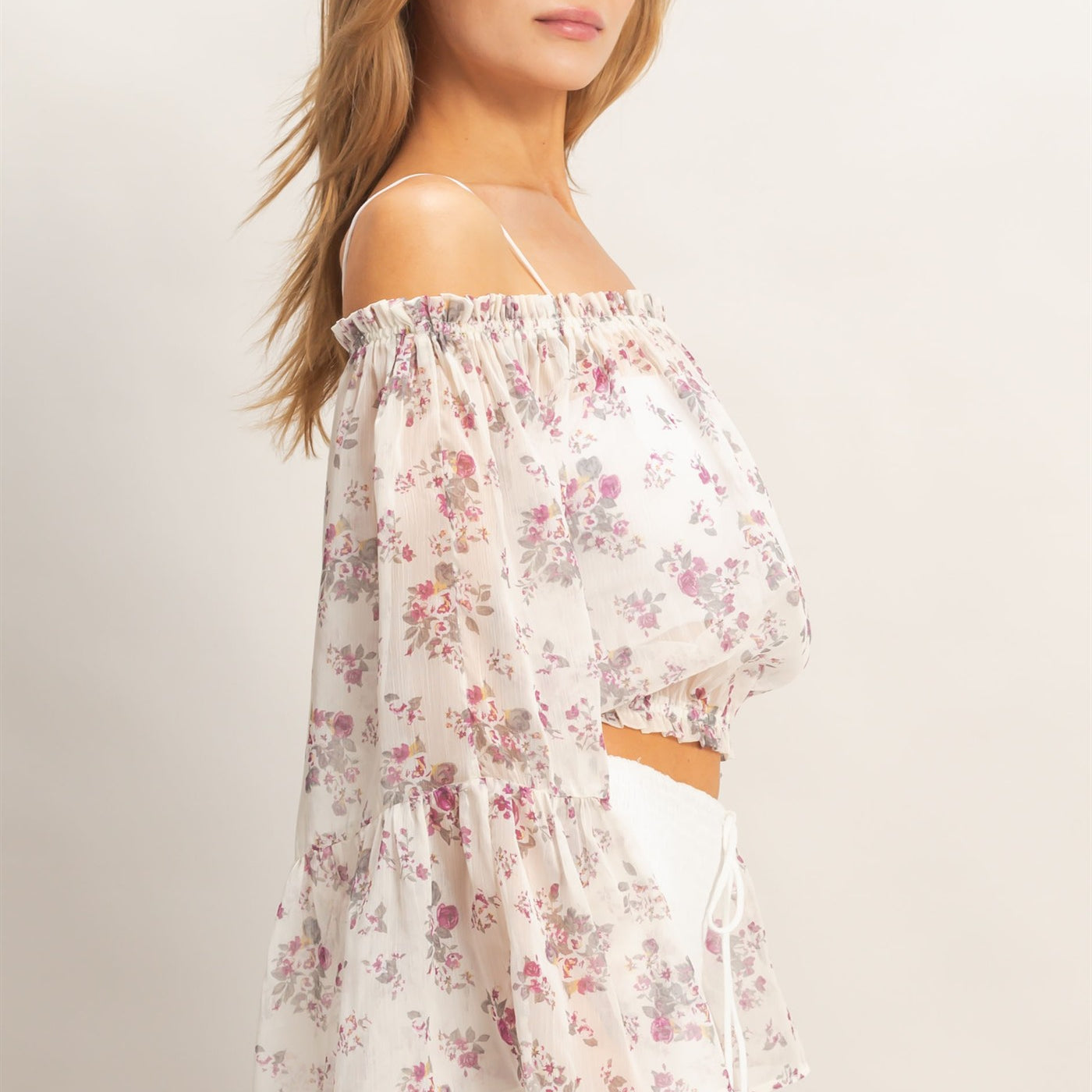 Wholesale Floral Off Shoulder Top Blouses HF26E647 ROSE WINE HYFVE