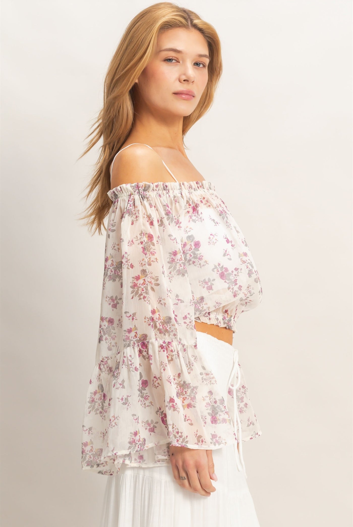 Wholesale Floral Off Shoulder Top Blouses HF26E647 ROSE WINE HYFVE