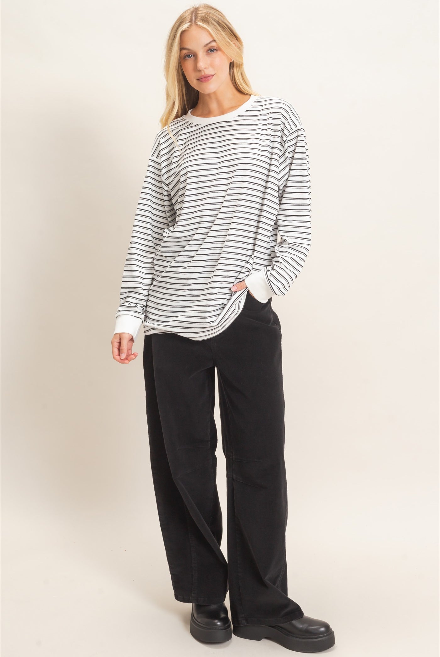 Wholesale Striped Long Sleeve Crew Neck Top Clothing Tops HF26C676 WHITE HYFVE
