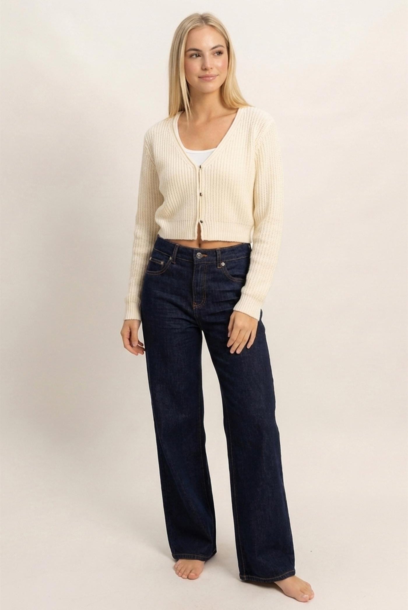 Wholesale V-Neck Ribbed Cardigan Cardigans DZ26E106 IVORY DOUBLE ZERO