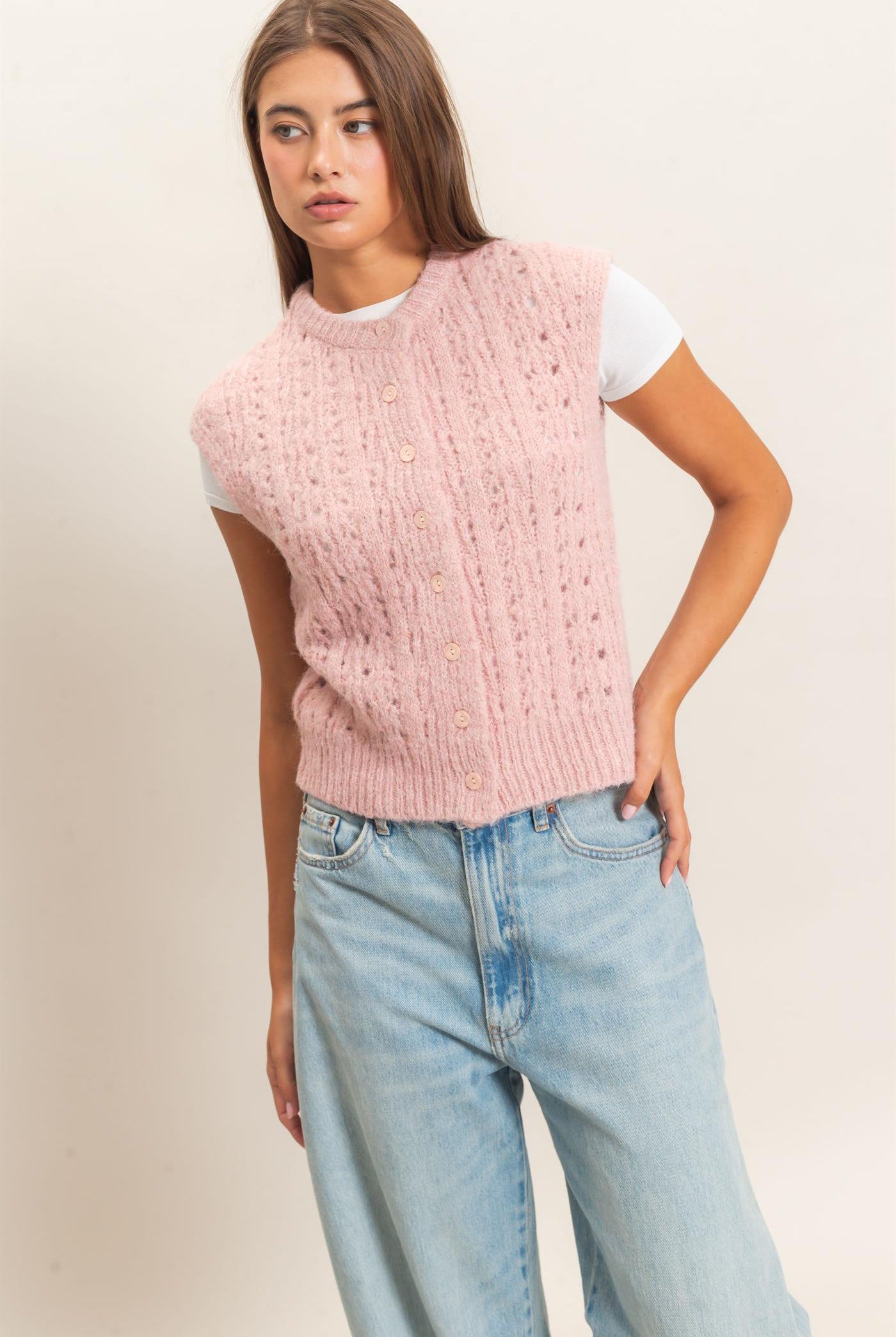 Wholesale Open Knit Sleeveless Button Front Sweater Vest Sweaters DZ26A829 PINK DOUBLE ZERO
