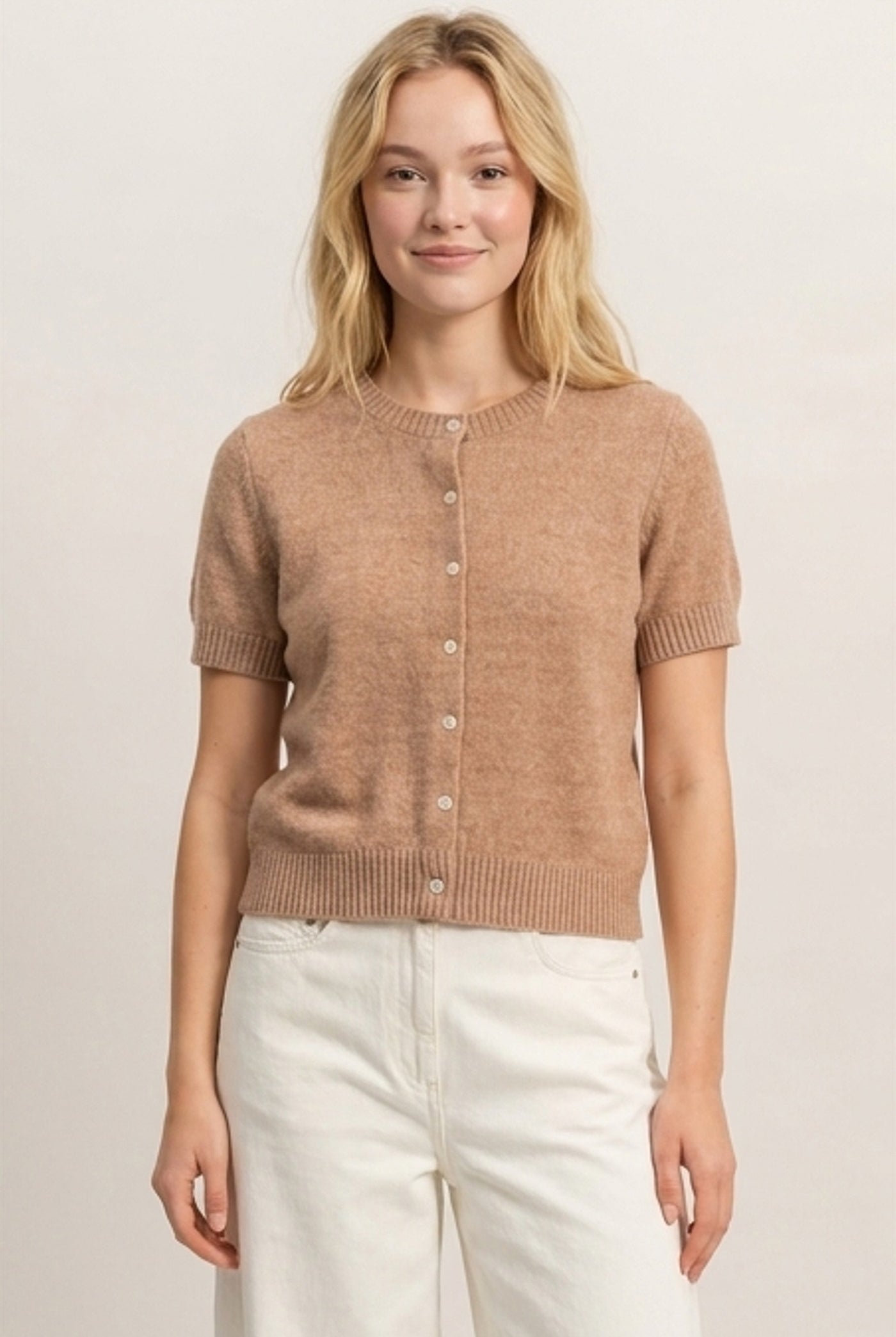 Wholesale Crew Neck Short Sleeve Cardigan Cardigans DZ26E108 DARK TAUPE DOUBLE ZERO