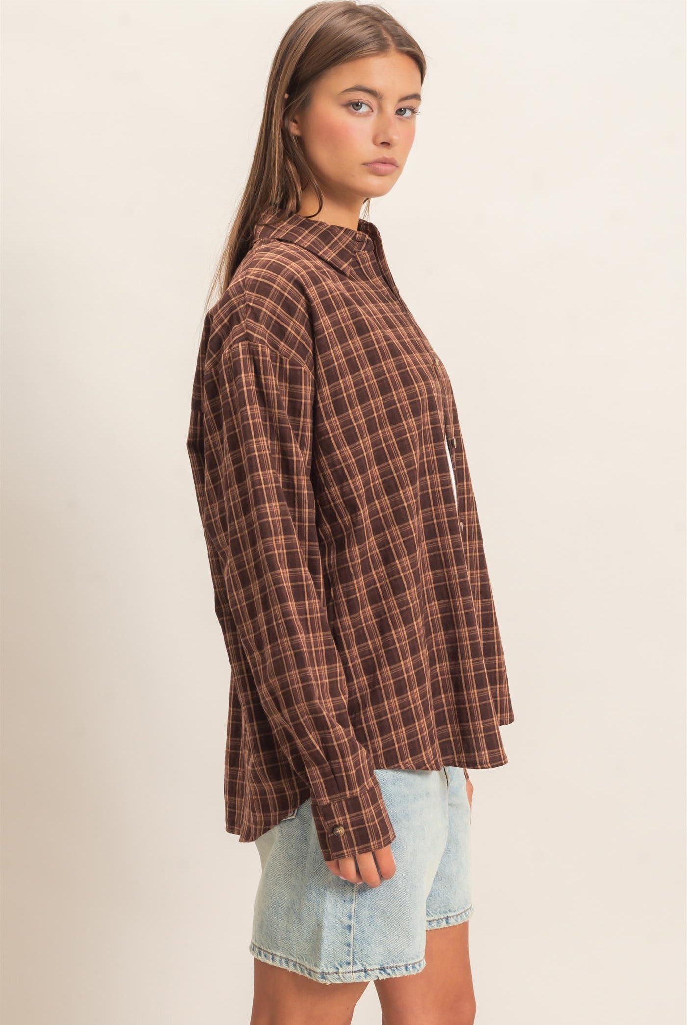Wholesale Plaid Oversized Shirt Shirts DZ26F062 BROWN DOUBLE ZERO