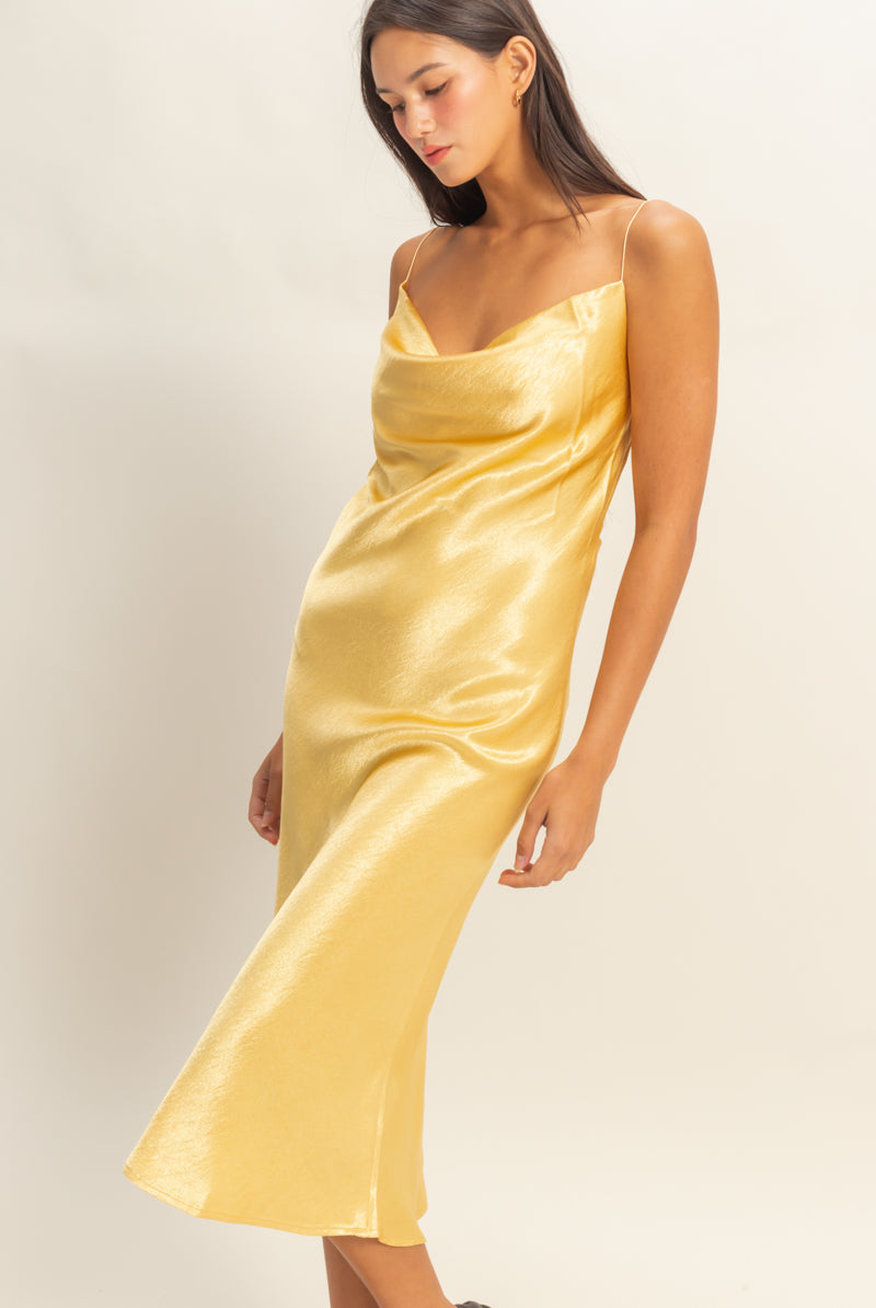 Wholesale Cowl Neck Satin Midi Dress Dresses DZ22A734 GOLD DOUBLE ZERO