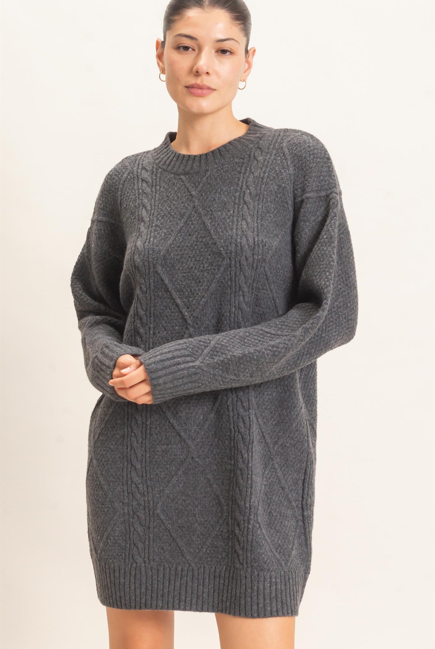 Wholesale Cable Knit Crew Neck Dress Dresses HF26F006 CHARCOAL HYFVE