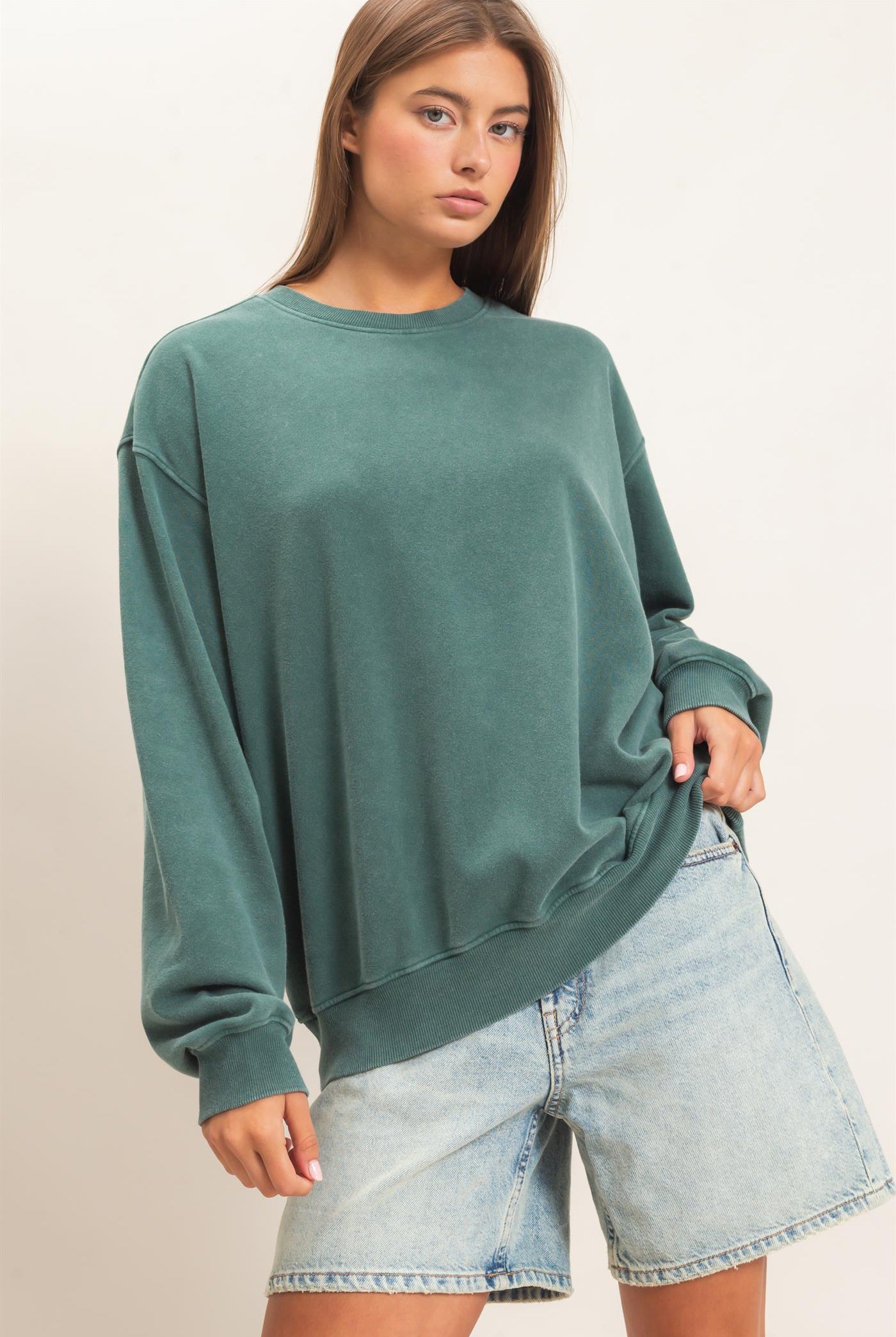 Wholesale Mineral Wash Crew Neck Sweatshirt Sweatshirts DZ26E990 DARK GREEN DOUBLE ZERO