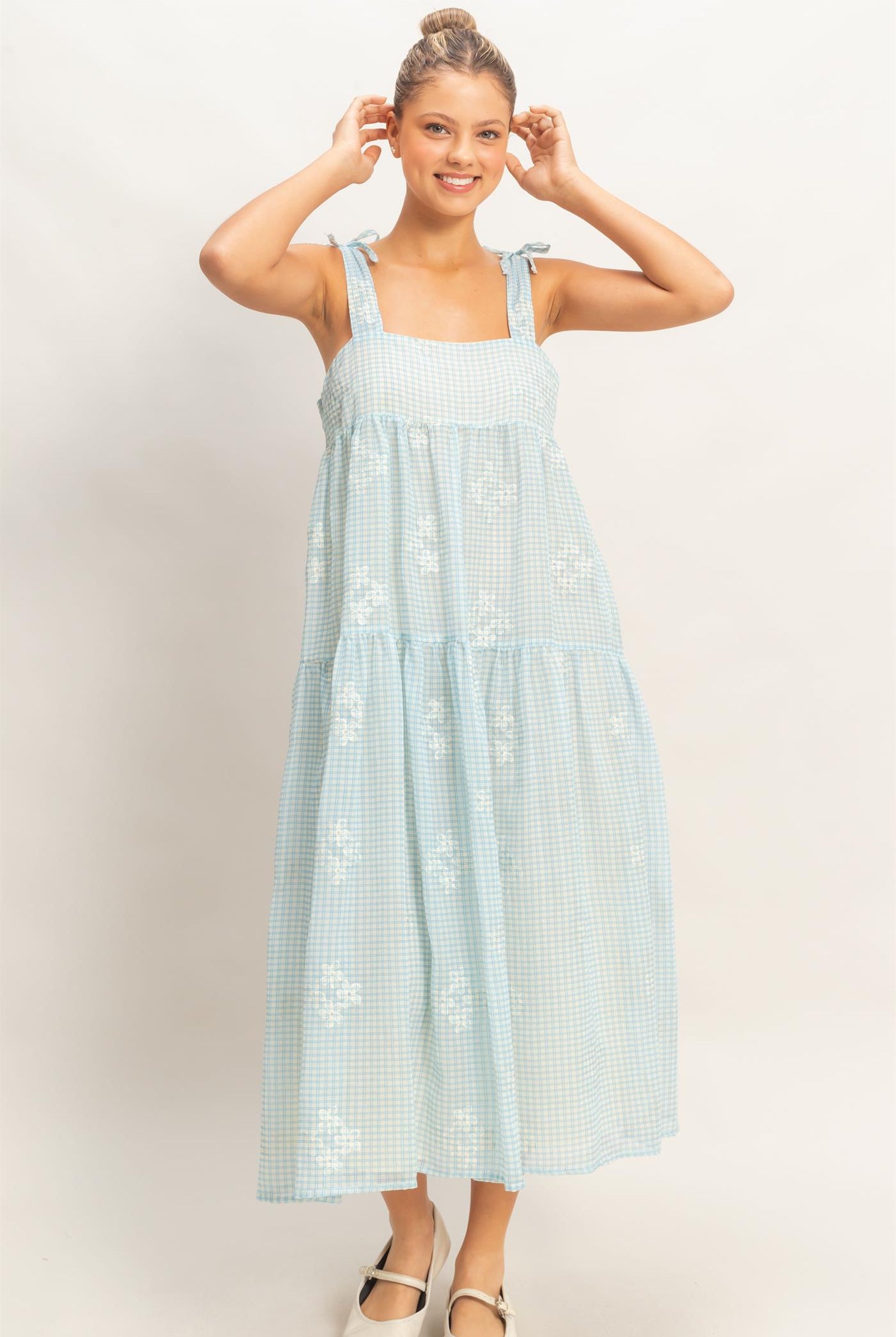 Wholesale Tiered Gingham Dress With Embroidery Dresses HF26A695 BLUE HYFVE
